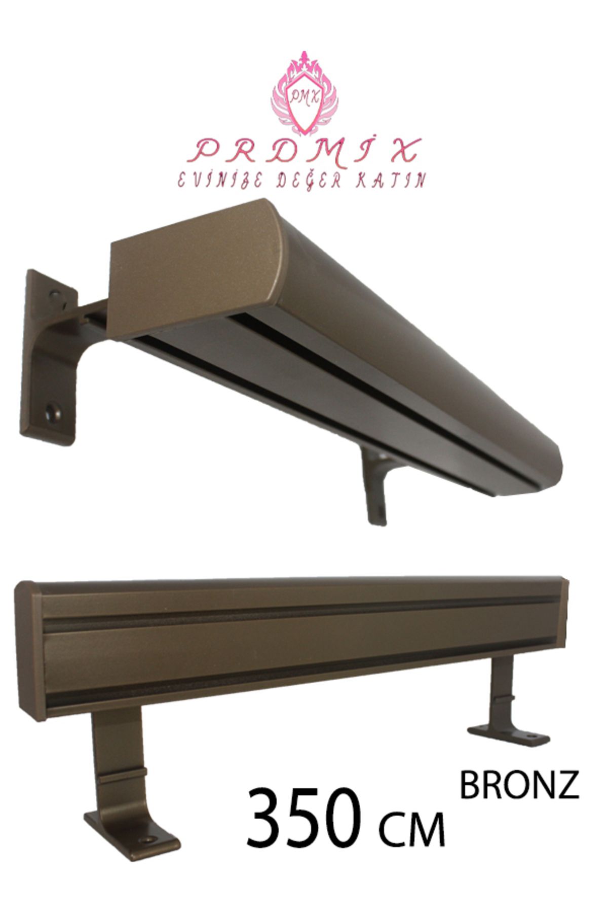 PERDE Mix 350 CM BRONZ VİP Dekoratif Perde Ray Kornişi Alüminyum 2 Kanallı 10 cm Orijinal Alüminyum Ayaklı