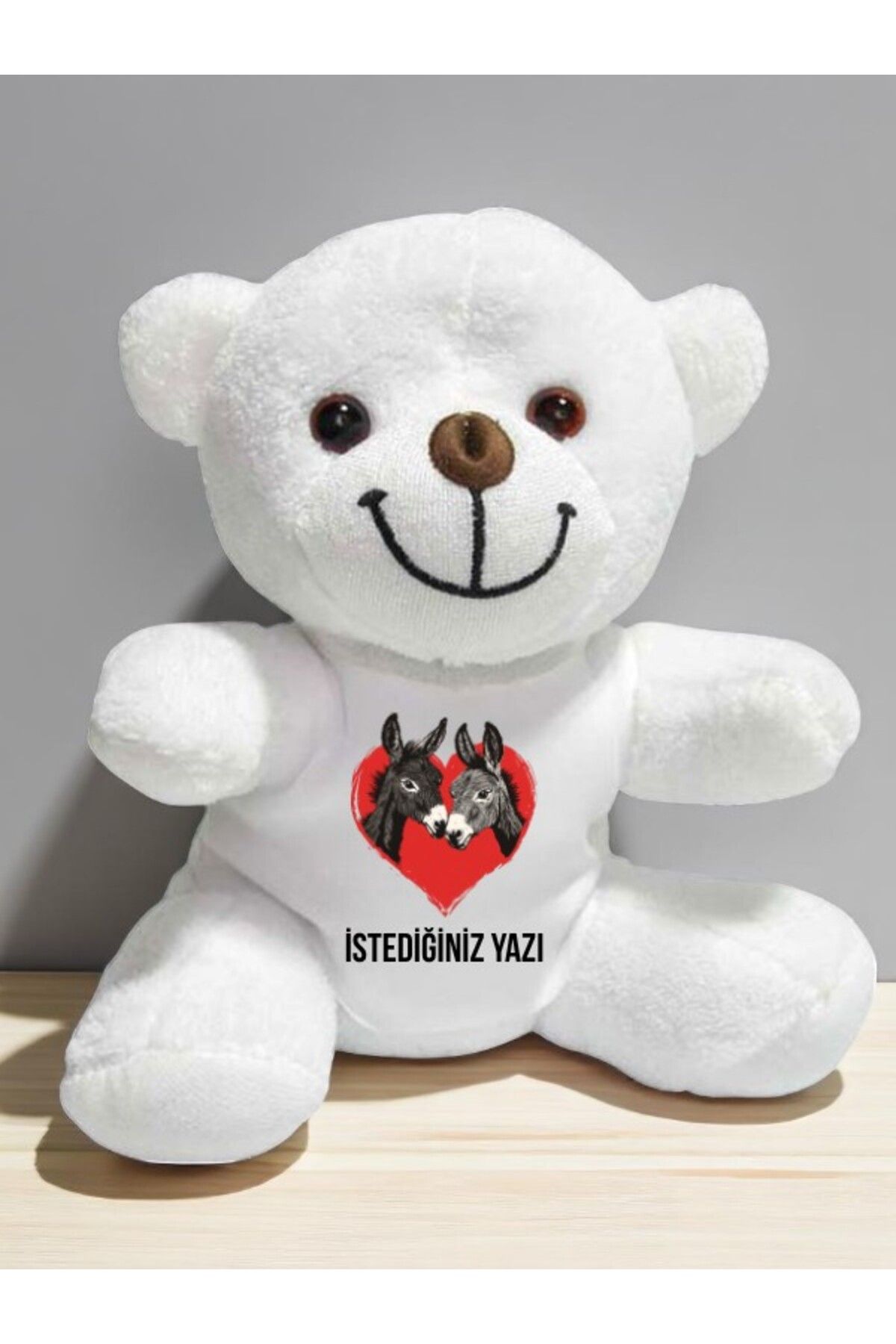 lili hediyelik Kalpli Eşek Temalı İstediğiniz Yazı Baskılı 20 cm Beyaz Peluş Ayıcık