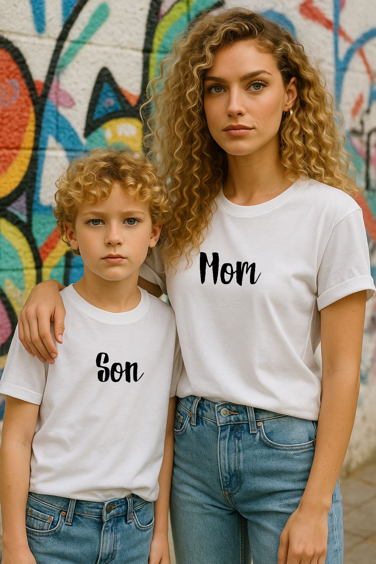TARZ STİL Anne Oğul Uyumlu Mom Son Baskılı Trend Tişört 12425 12422