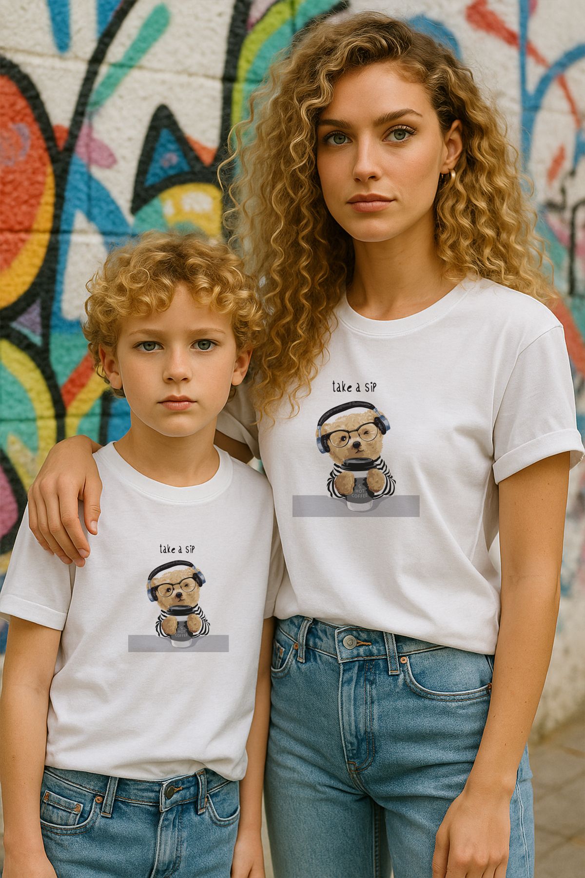 TARZ STİL Anne Oğul Uyumlu take a sip Bear Baskılı Trend Tişört 12742