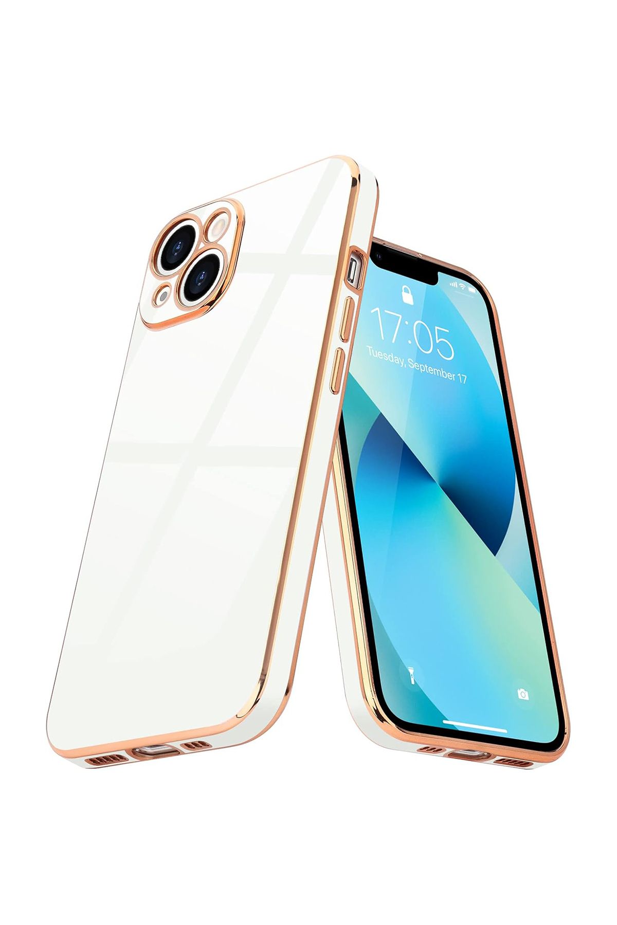 Merwish iPhone 14 Uyumlu Lazer Kesim Gold Çerçeve Beyaz Kapak Kılıf