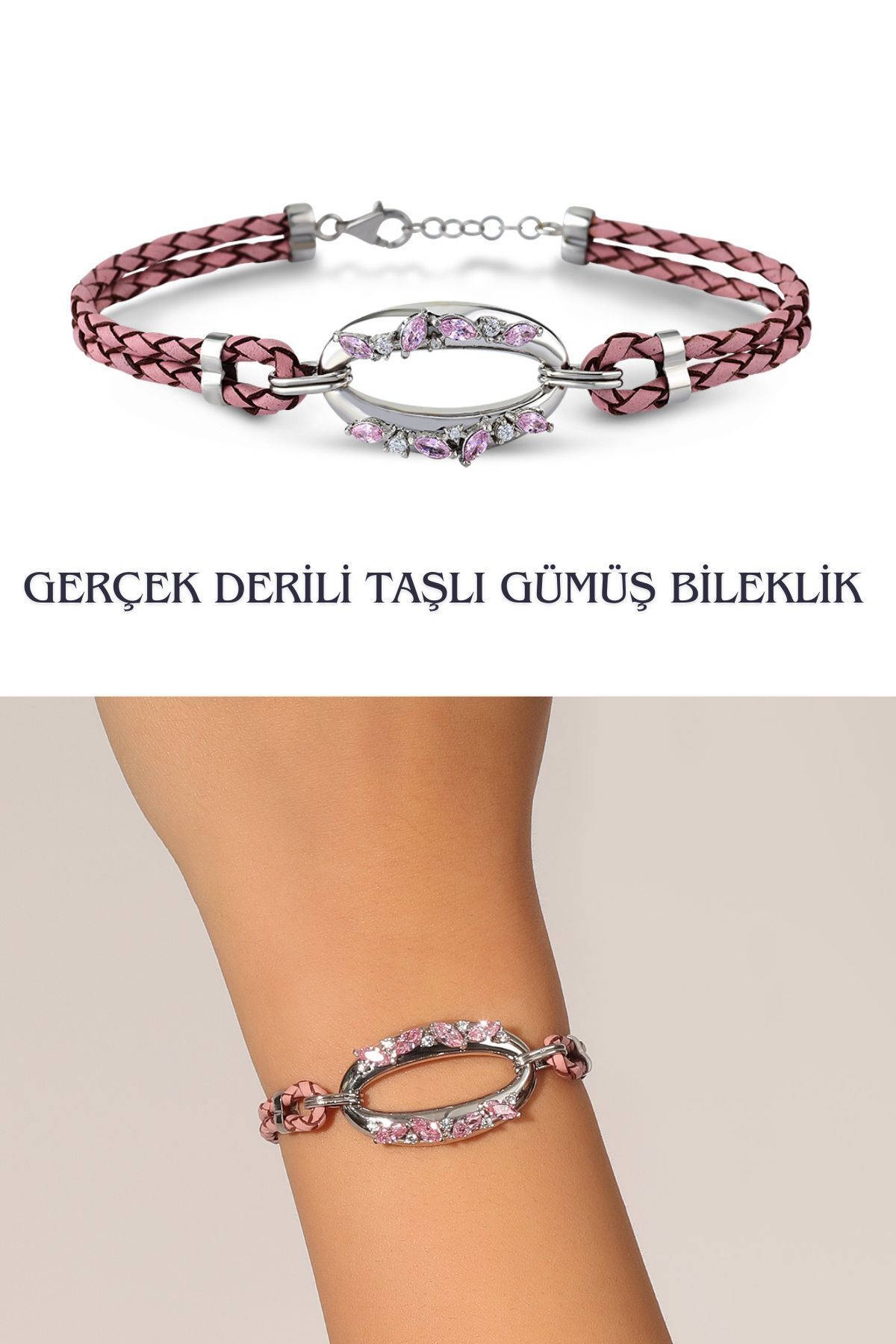 Hepimitu Taşlı Gümüş Deri Bileklik