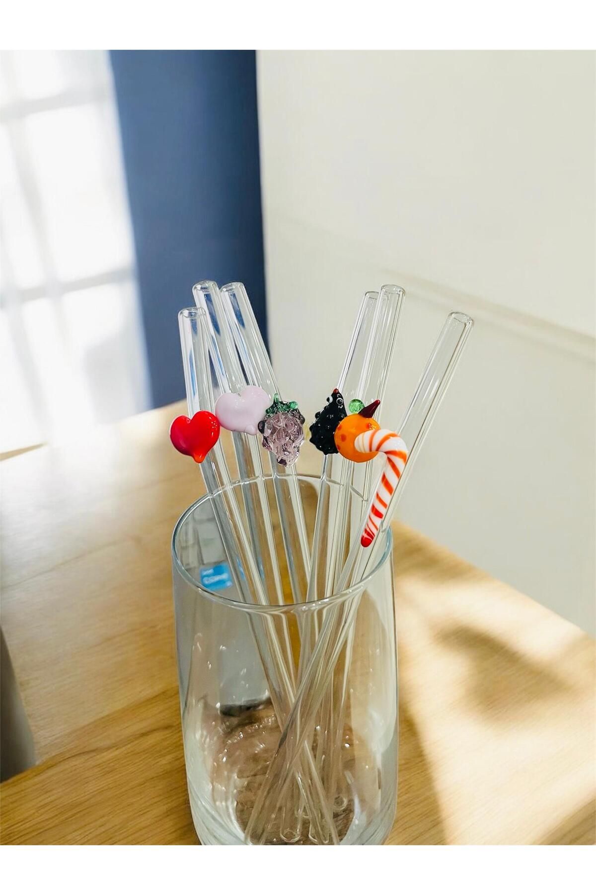 Cam Figürlü Pipet El Yapımı Meyve Figürlü Cam Pipet 6lı Set