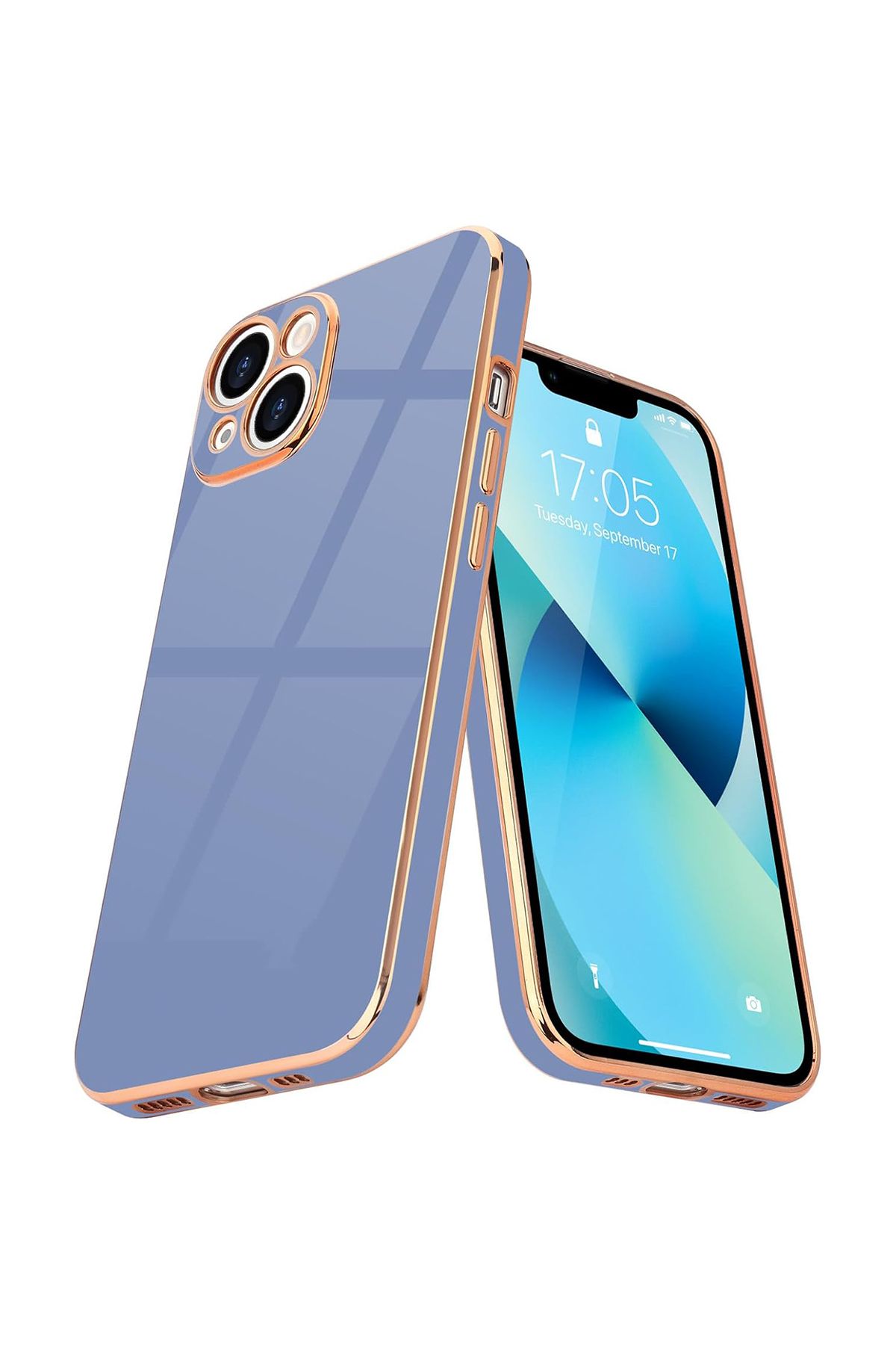 Merwish iPhone 14 Uyumlu Lazer Kesim Gold Çerçeve Mavi Kapak Kılıf