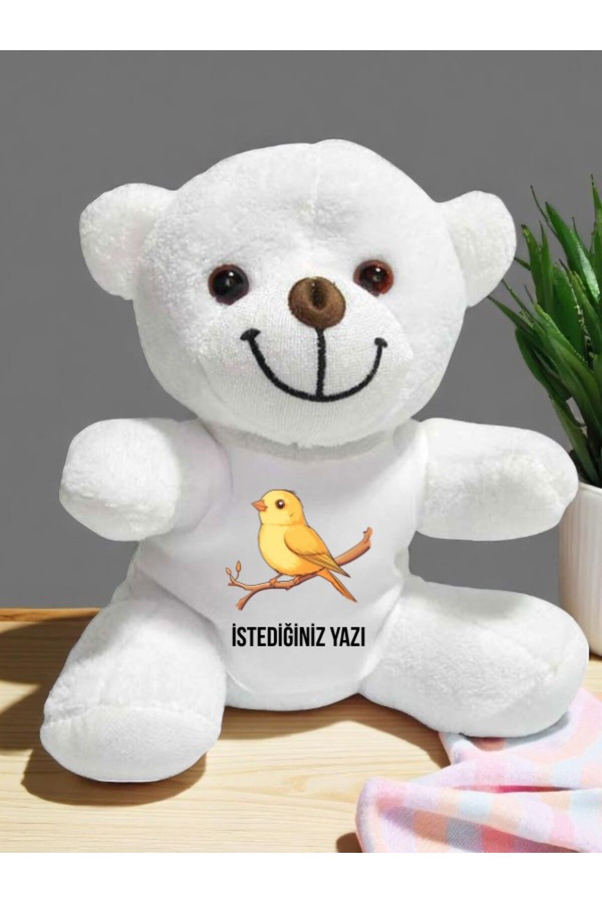 lili hediyelik Sevimli Kuş Temalı İstediğiniz Yazı Baskılı 20 cm Beyaz Peluş Ayıcık