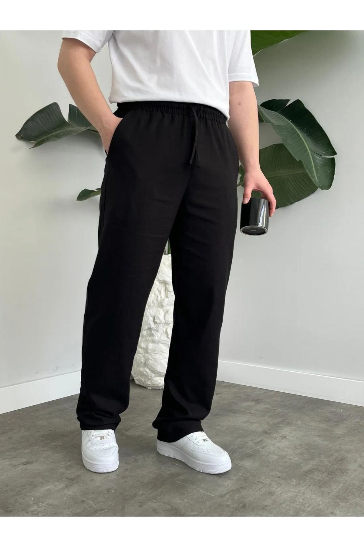 DEEPSENSE Erkek Siyah Yazlık Müslin Keten Pamuklu Kumaş Rahat Kesim Pantalon