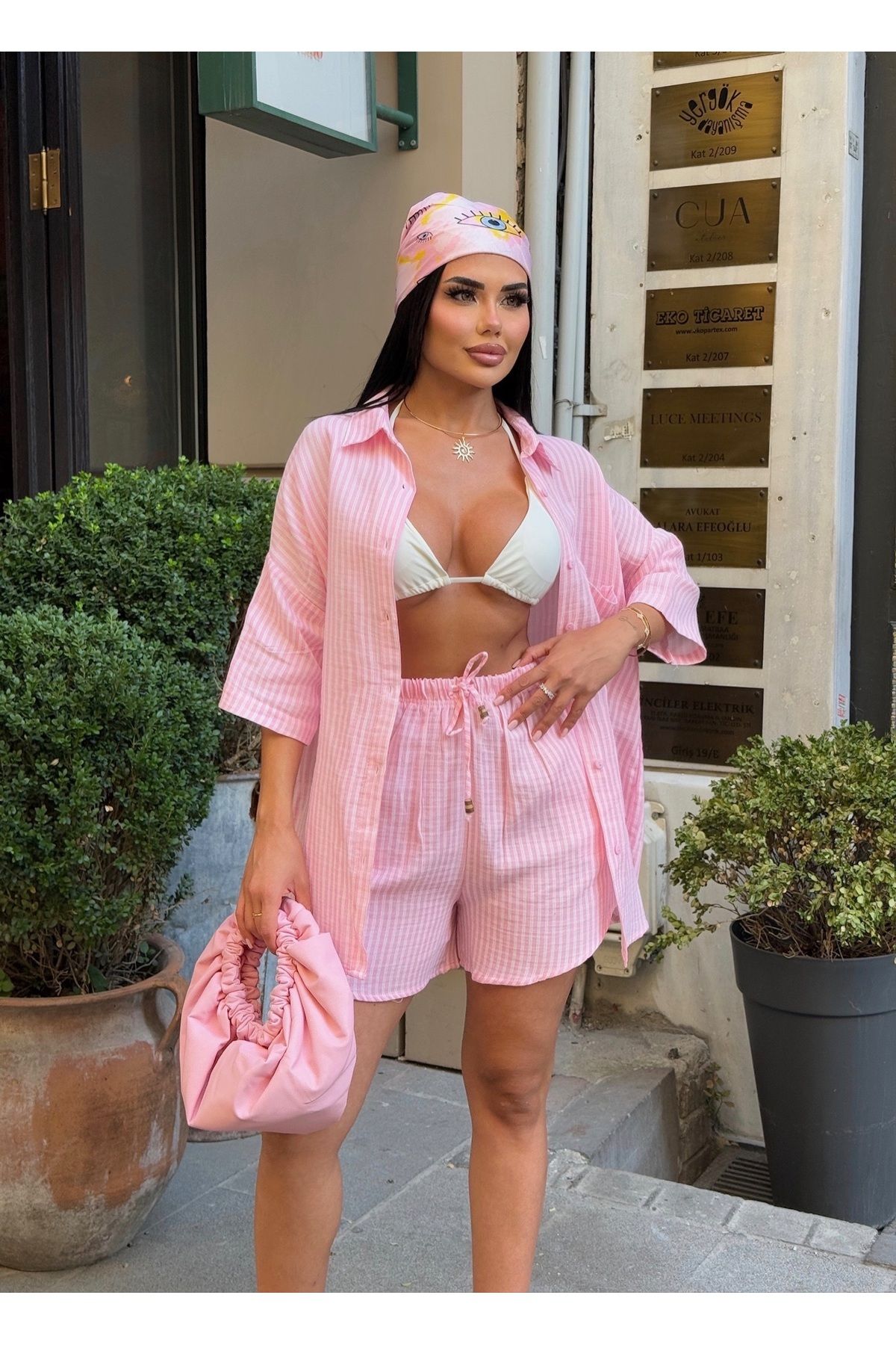 LB Laluna Butik Kadın Keten Çizgili Oversize Gömlek Şort Takımı