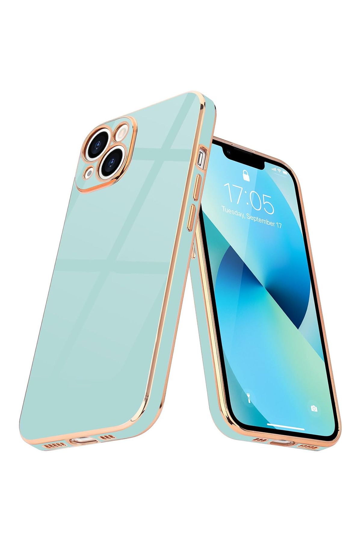 Merwish iPhone 14 Plus Ve 15 Plus Uyumlu Lazer Kesim Gold Çerçeve Yeşil Kapak Kılıf