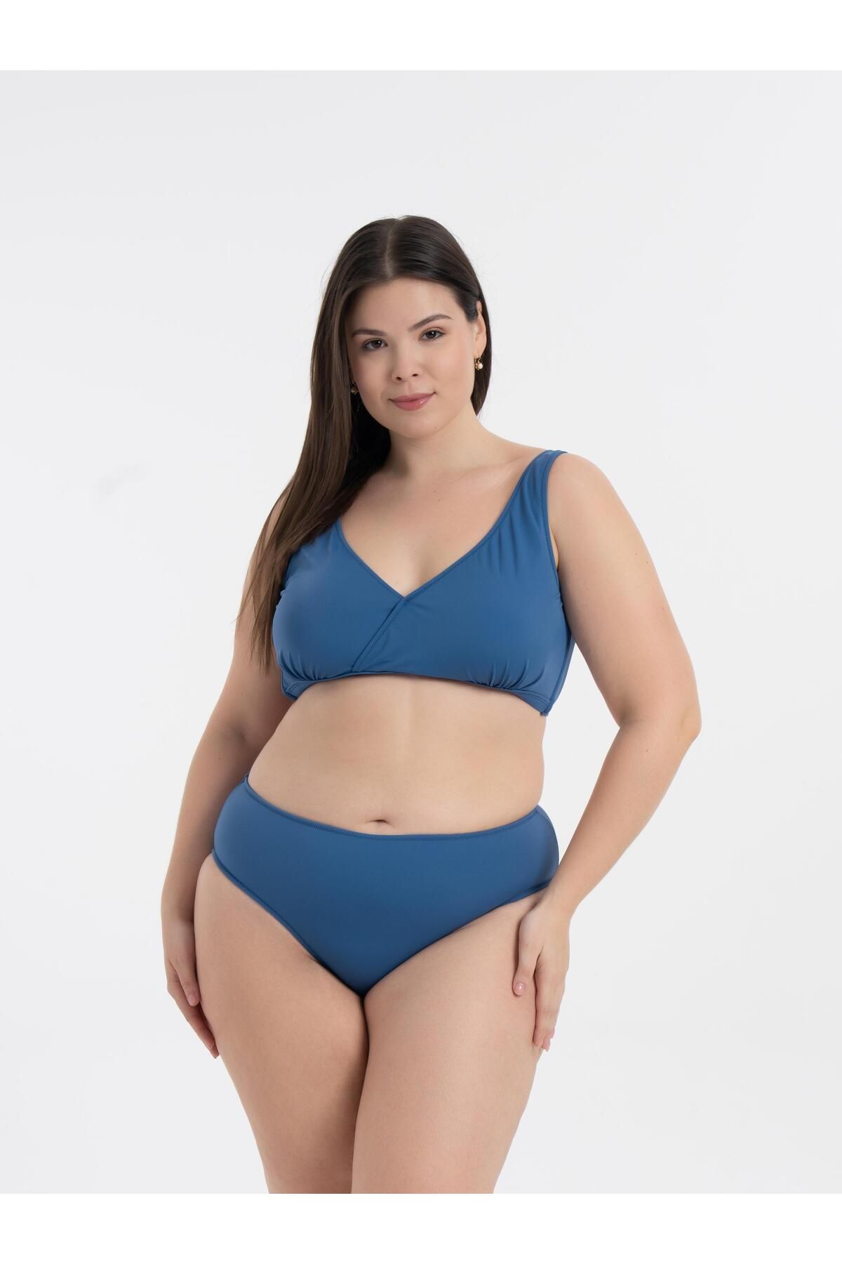 AQUAVİVA Kadın İndigo Büyük Beden Quinn Kruvaze Detaylı Toparlayıcı Bikini Takımı