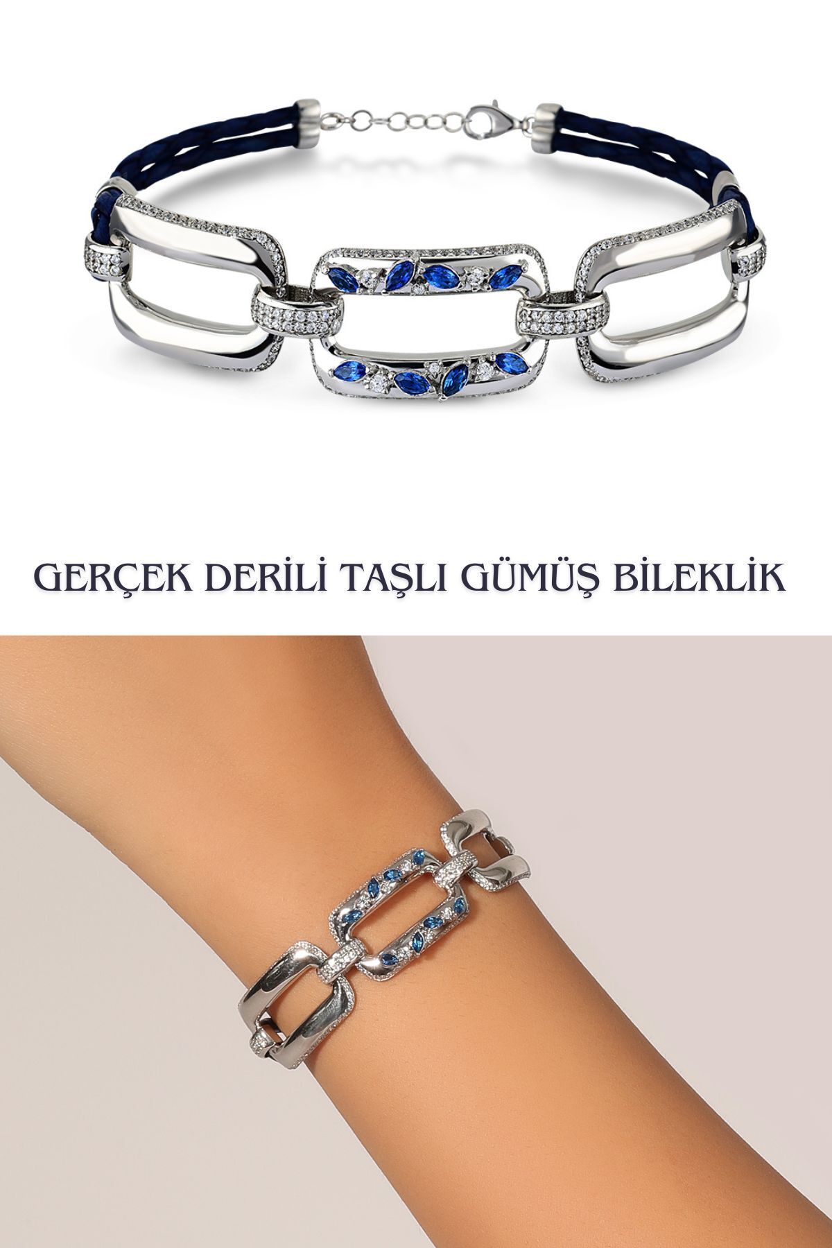 Hepimitu Taşlı Gümüş Deri Bileklik