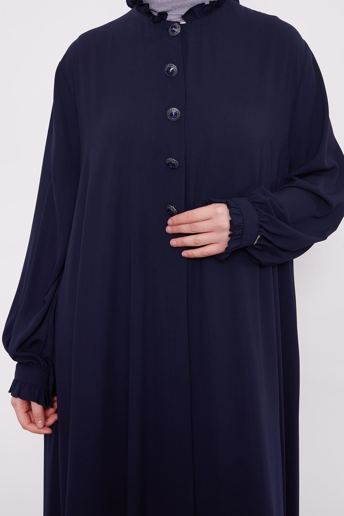 Levidor-Medine Silk Ferace with Buttoned Flared Collar and Ruffle Detail on the Front 4