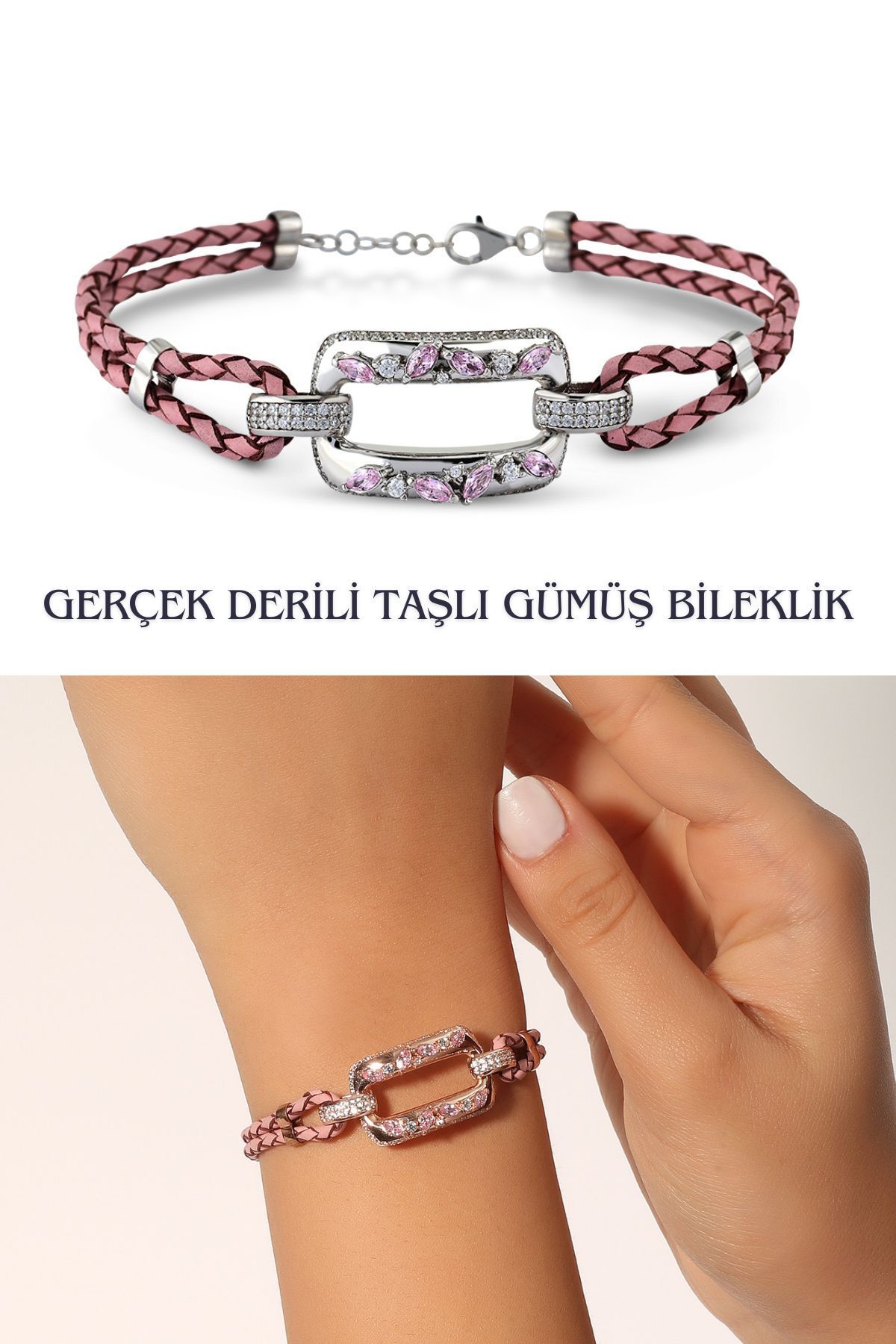 Hepimitu Taşlı Gümüş Deri Bileklik
