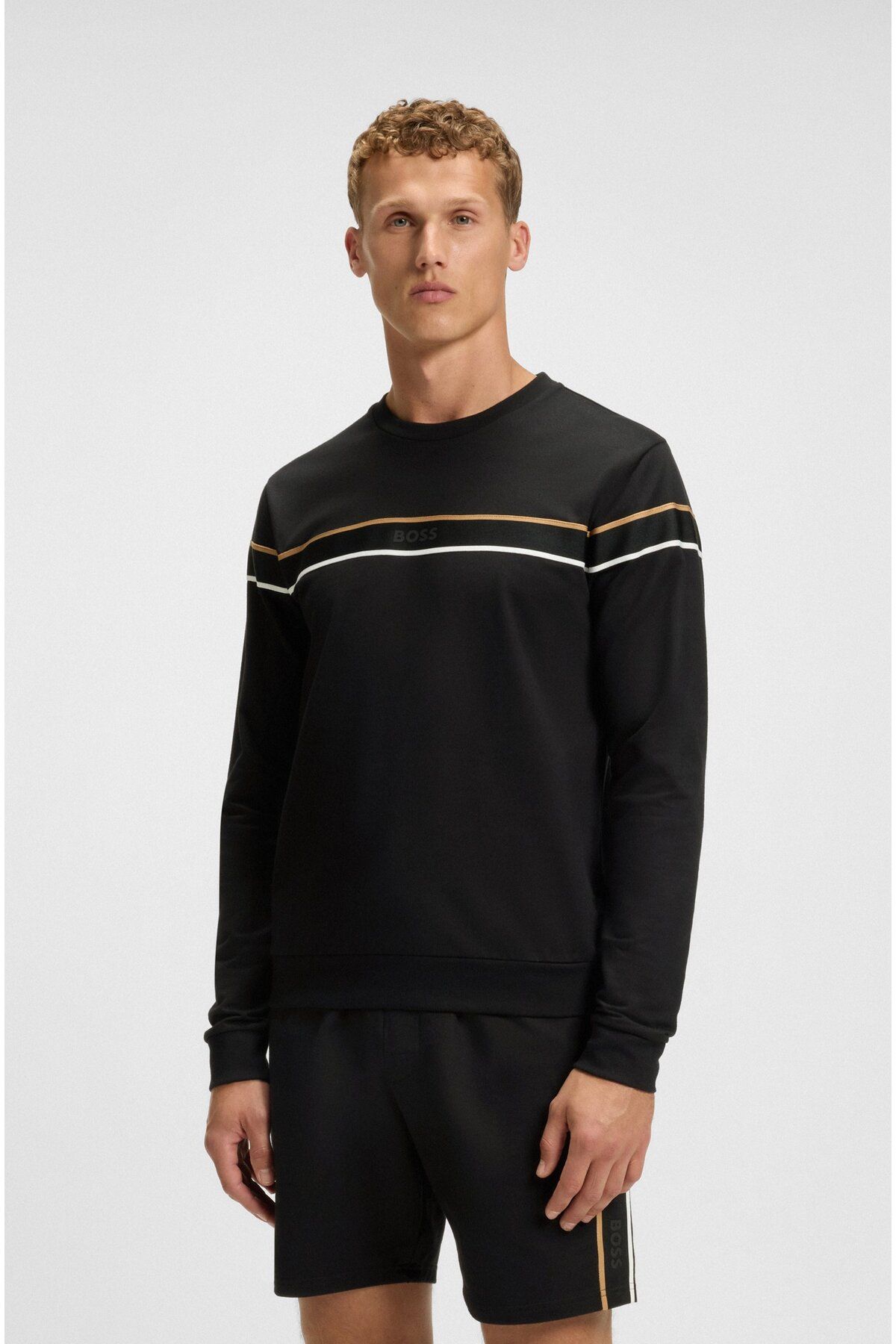 BOSS Erkek Regular Fit Çizgi Desenli Yuvarlak Yakalı %100 Pamuk Uzun Kollu Siyah Sweatshirt 50545589-001