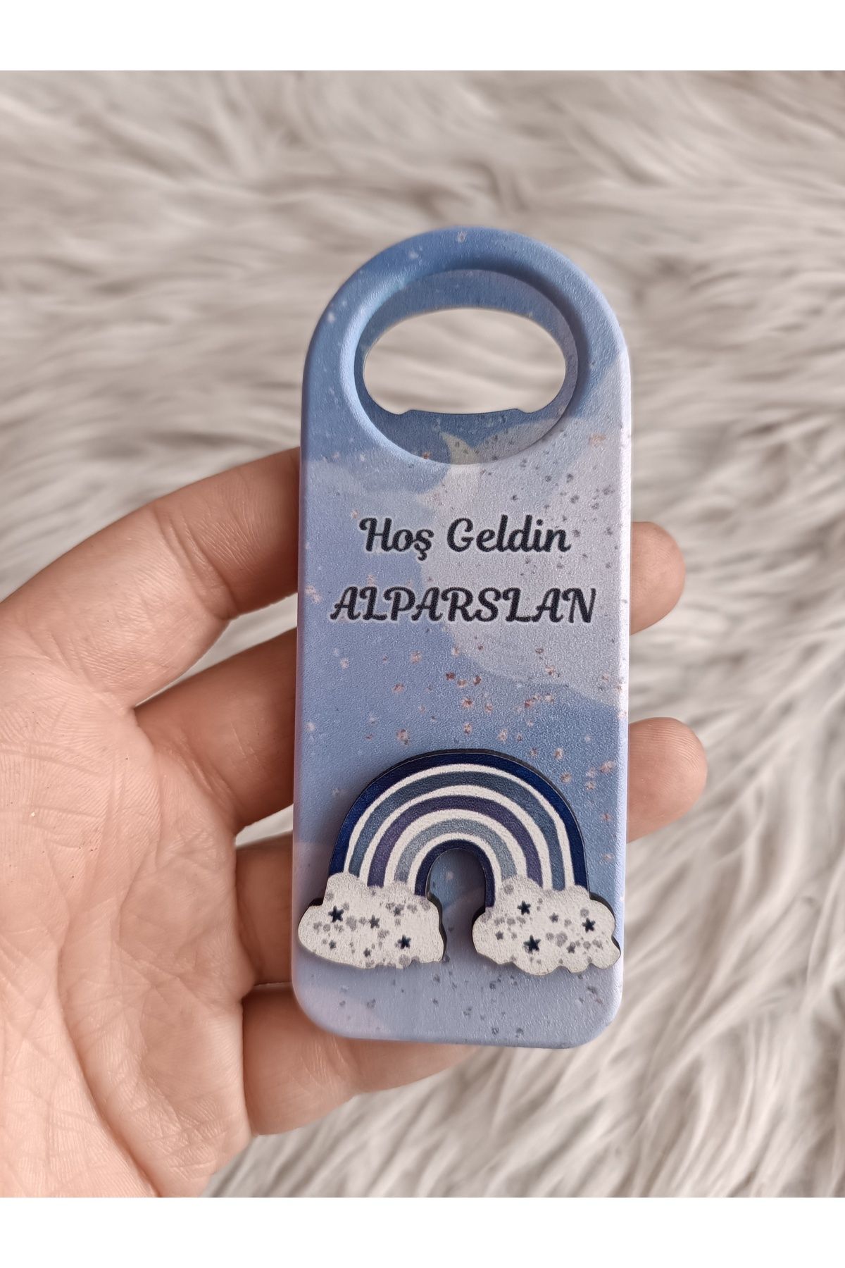 Doğrukan Hediyelik 10 adet mavi gökkuşağı figürlü kabartmalı uzun açacak magnet yenidoğan hediyelikleri