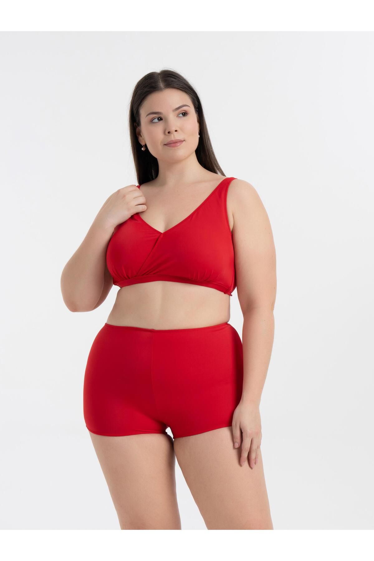 AQUAVİVA Kadın Kırmızı Büyük Beden Quinn Kruvaze Detaylı Toparlayıcı Şortlu Bikini Takımı