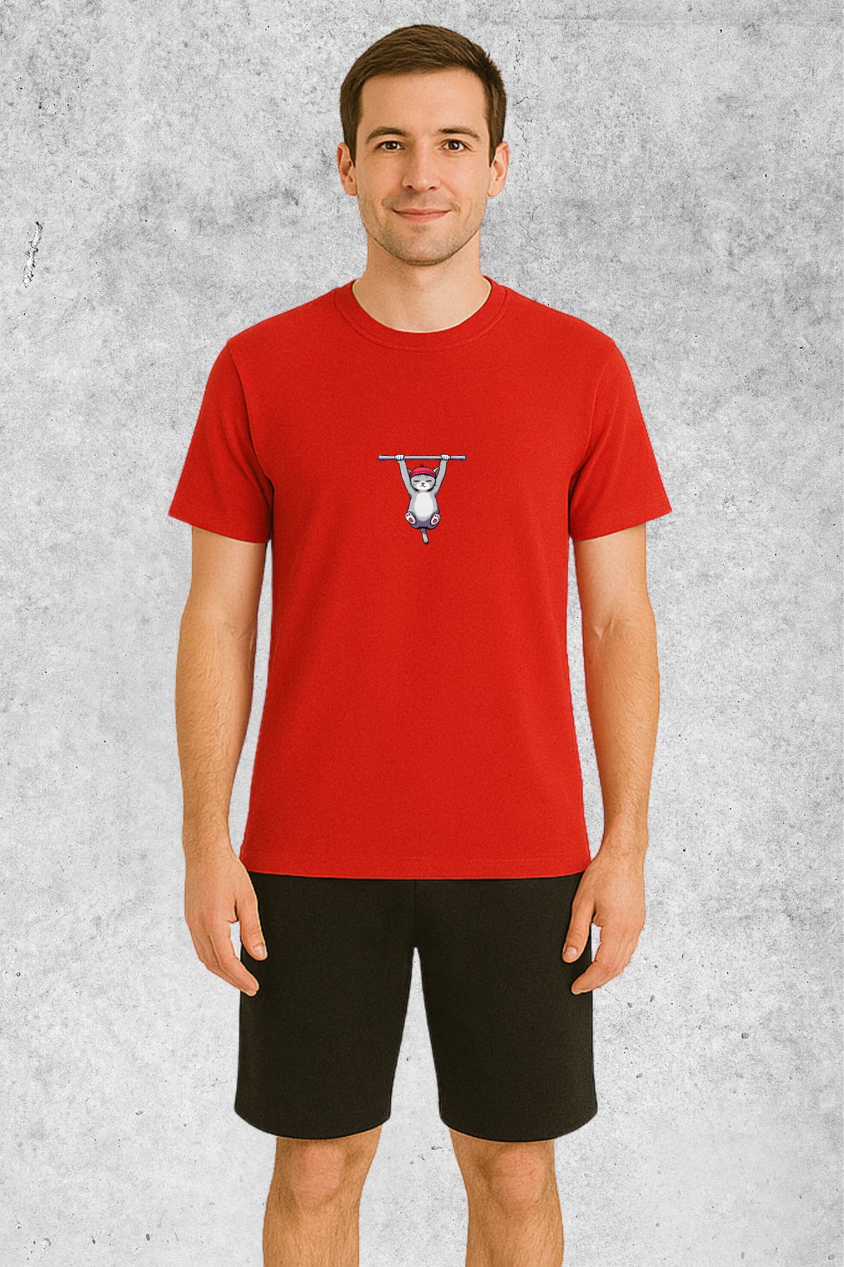 MOLICO Basic unisex sıfır yaka kısa kollu SPORCU KEDİ BASKILI TSHİRT
