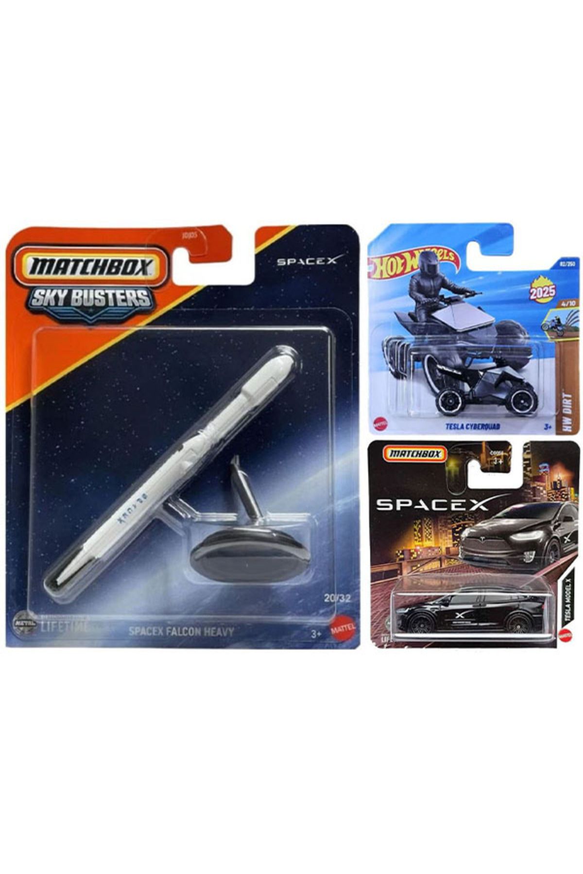 HOT WHEELS Tesla Set - Matchbox SpaceX Falcon Heavy & Tesla Model X & Tesla Cyberquad (1/64)