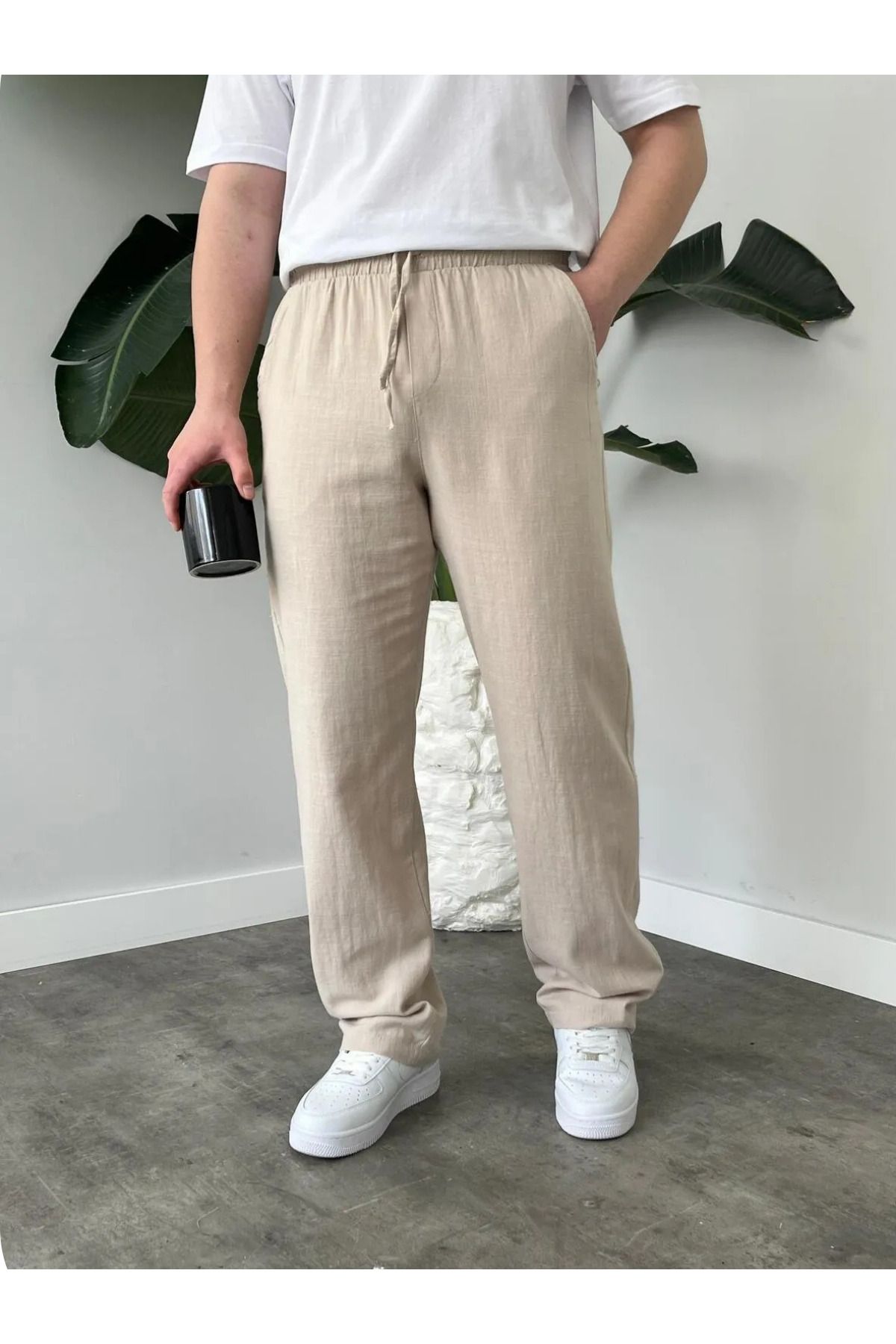 DEEPSENSE Erkek Bej Yazlık Müslin Keten Pamuklu Kumaş Rahat Kesim Pantalon