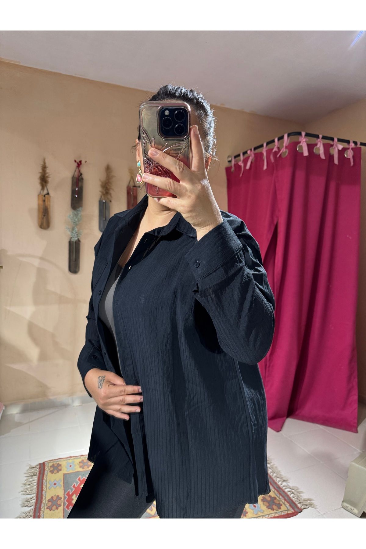özgürmoda Kadın Ekru Kendinden Çizgili Oversize Gömlek