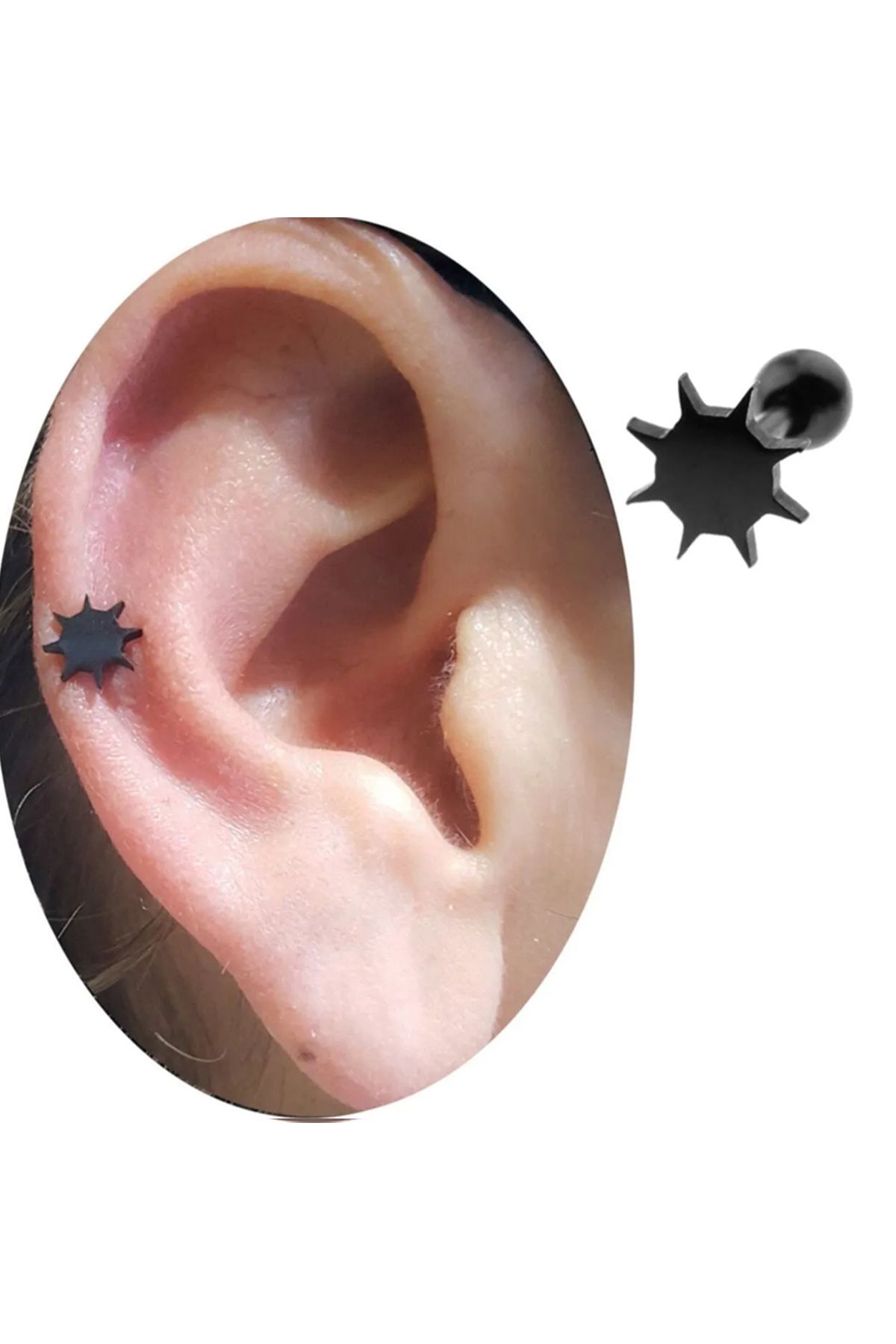 Cadının Dükkanı Çelik Güneş Siyah Tragus Helix Kıkırdak Piercing
