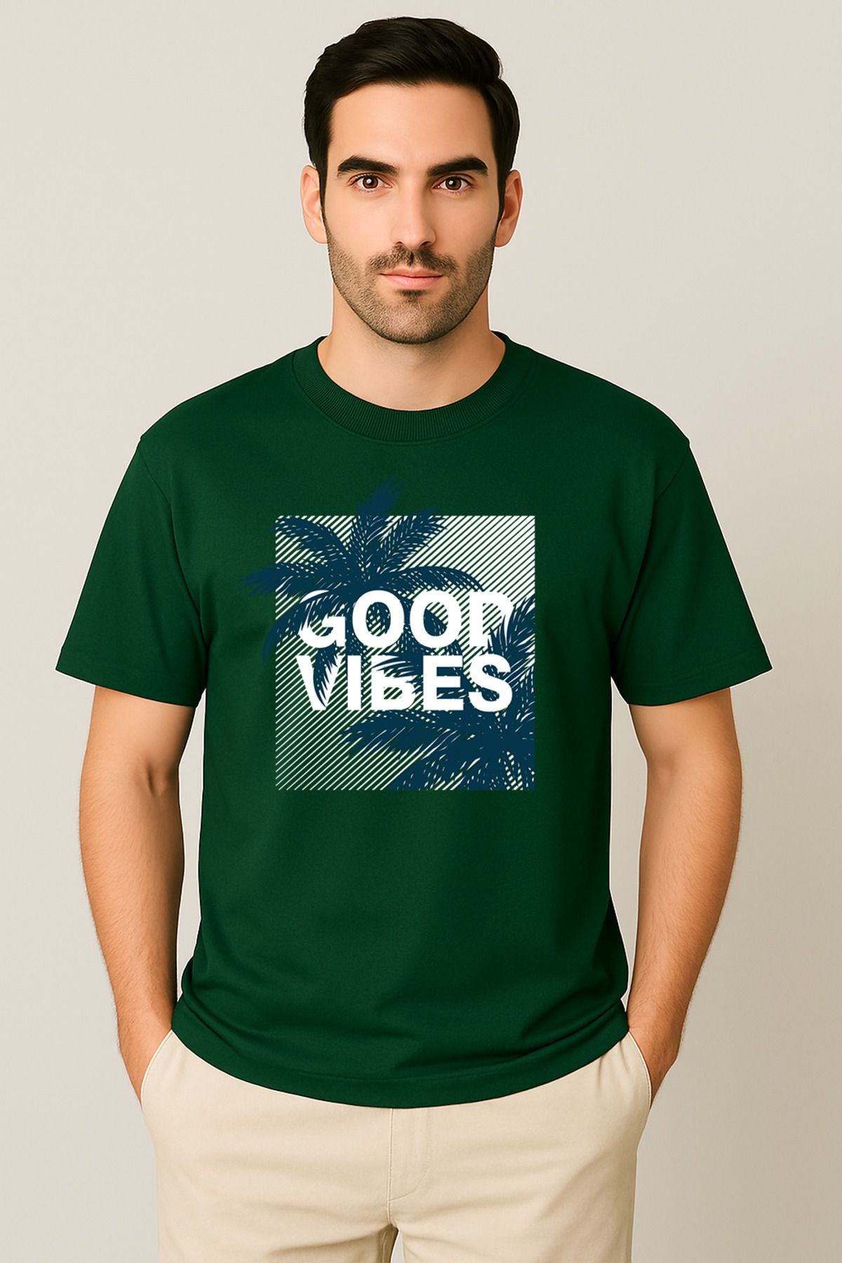 PARSHEY Erkek - Kadın %100 Pamuk Good Vibes Palmiye Desenli Baskılı Yarım Kollu Bisiklet Yaka T-Shirt