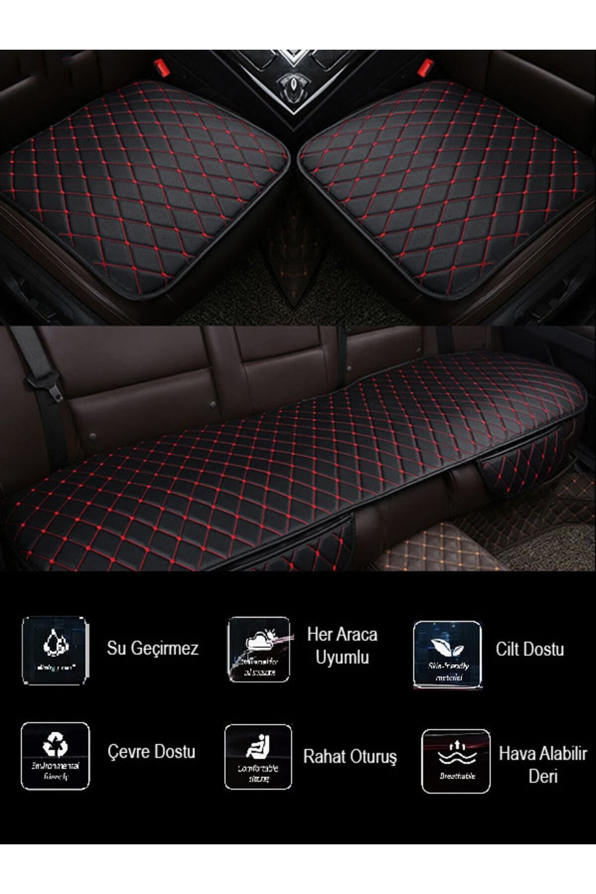 teknotrust Kırmızı Dikişli Siyah Deri 3D Koltuk Minderi, Hatchback, Ön ve Arka Takım