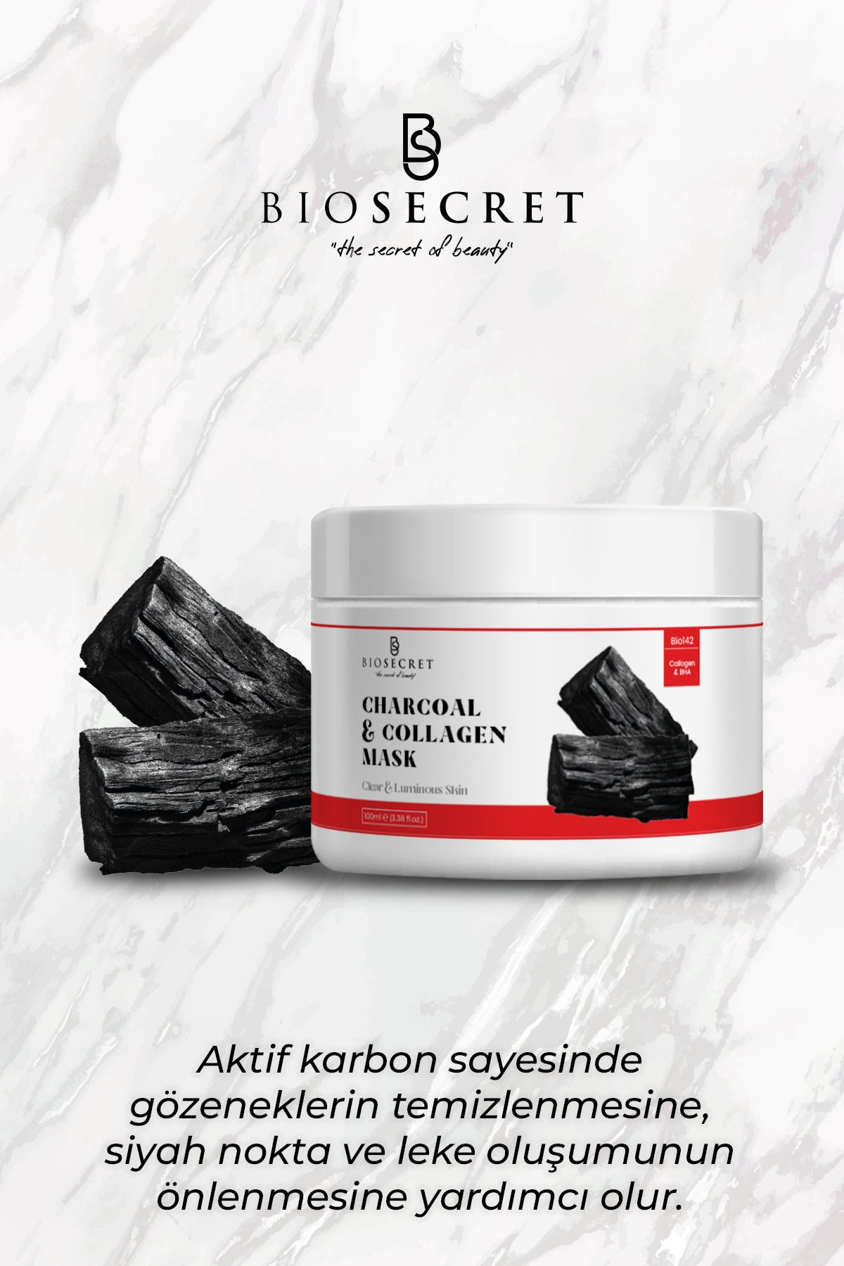 Biosecret Gözenek, Leke, Siyah Nokta Karşıtı Kömür Kolajen Maskesi 100ml Bio142