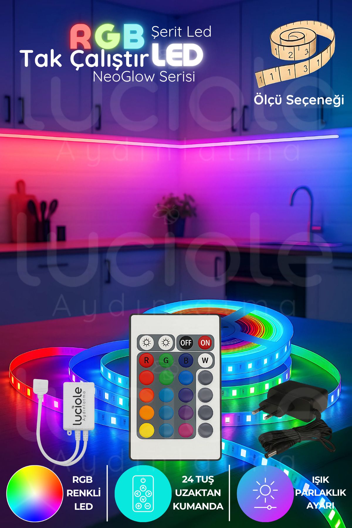 luciole 2 Metre NeoGlow Serisi RGB LED Işık Bandı – 24 Tuş Kumandalı 60 Çipli Tak Çalıştır Set