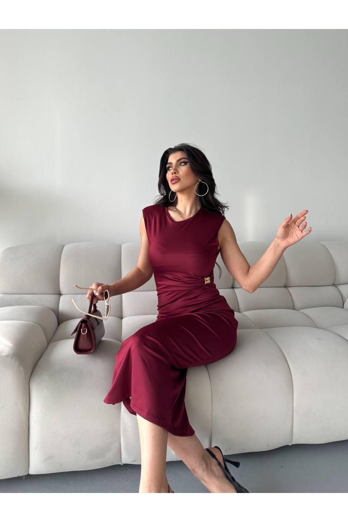 axxa GOLD TOKA DETAYLI BORDO ELBİSE