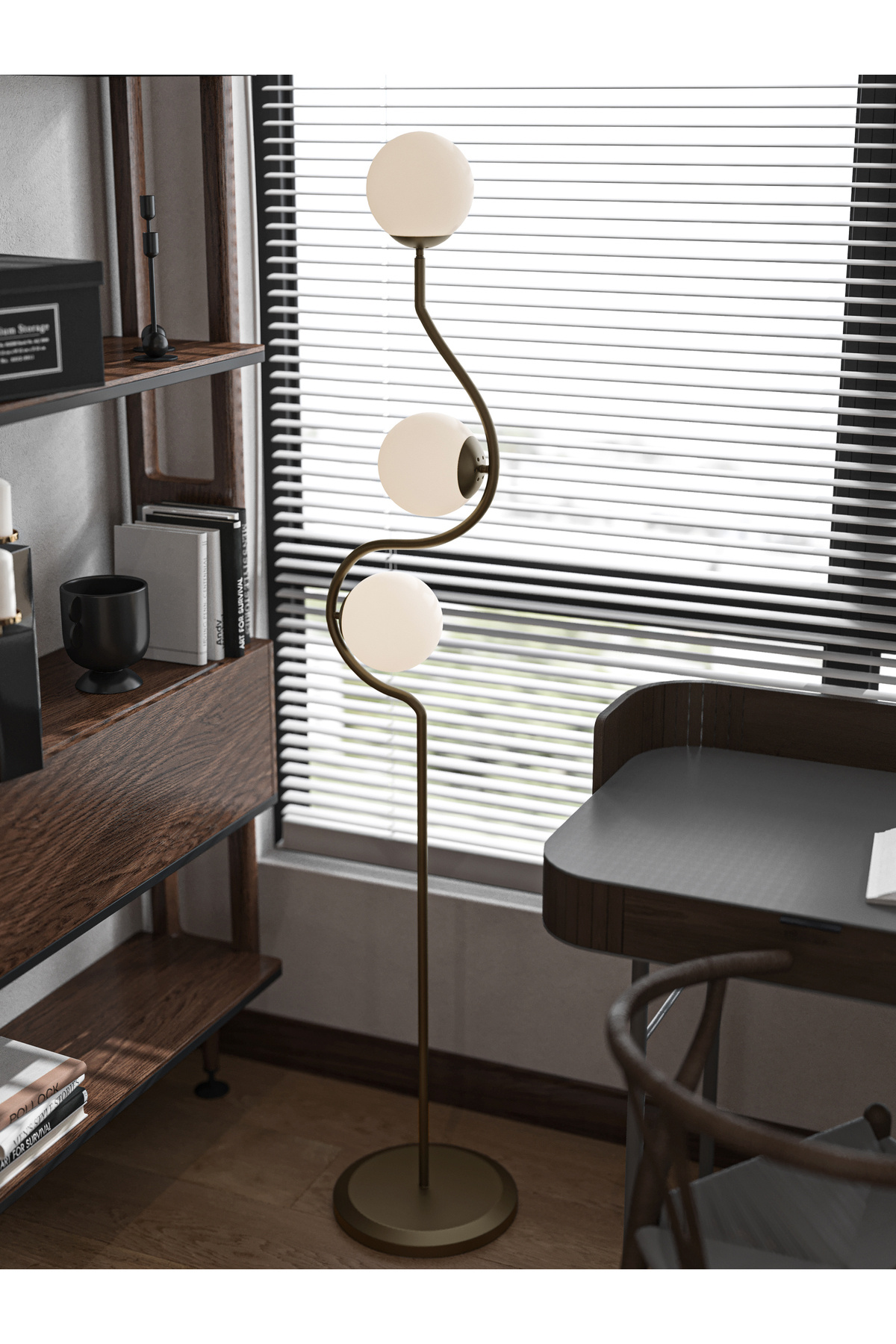 Perla 3-Piece White Glass Globe Floor Lamp - Modern Floor Lamp with Curved Aged Body