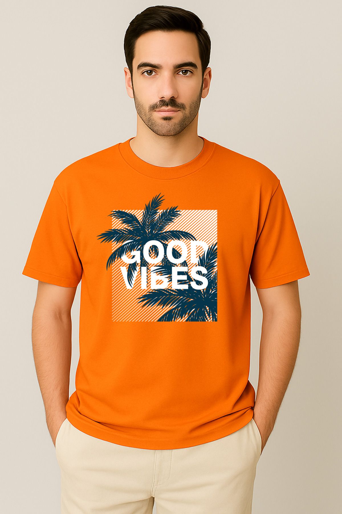 PARSHEY Erkek - Kadın %100 Pamuk Good Vibes Palmiye Desenli Baskılı Yarım Kollu Bisiklet Yaka T-Shirt