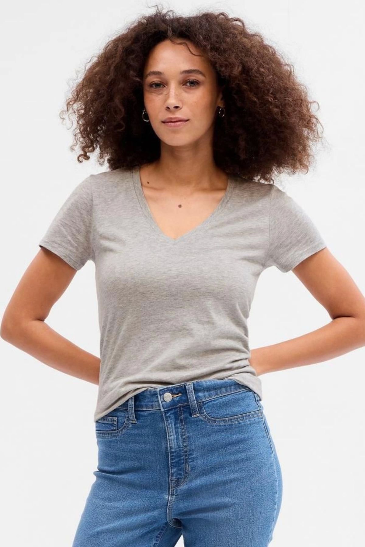Tam12den Home Kadın V Yaka Basic Pamuklu T-Shirt Gri