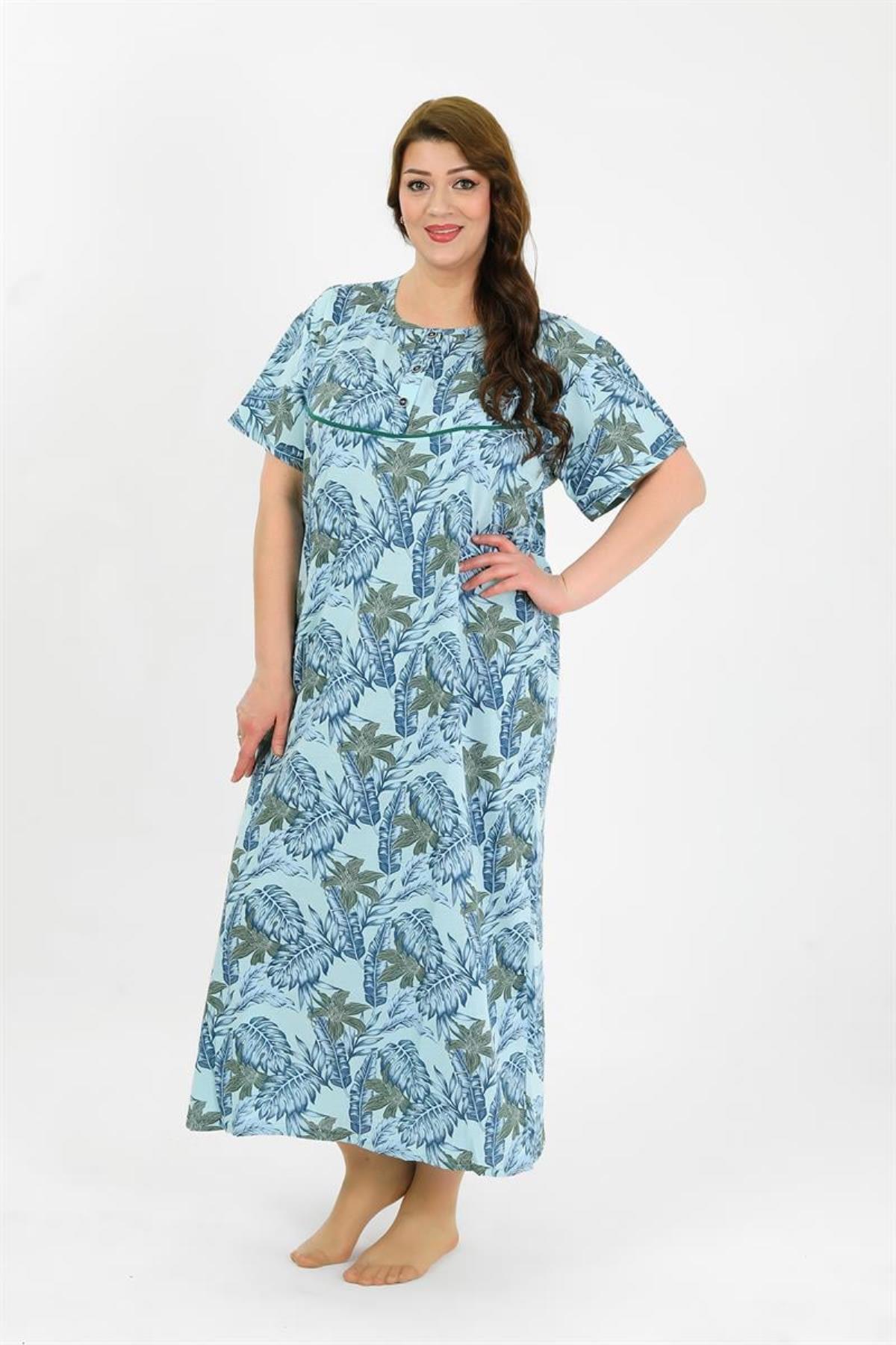 Celira-Women's Large Size Short Sleeve Blue Mother Nightgown 1377 3