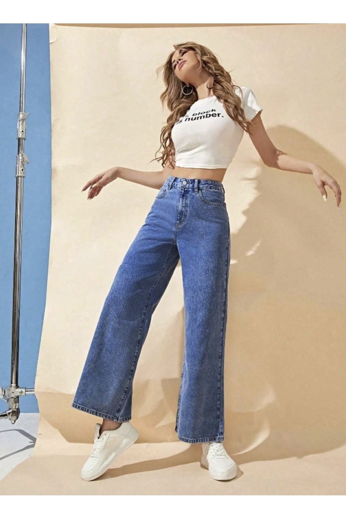 SHEVEGA KADIN YÜKSEK BEL MAVİ BİLEK BOY BOL PAÇA JEANS PANTOLON