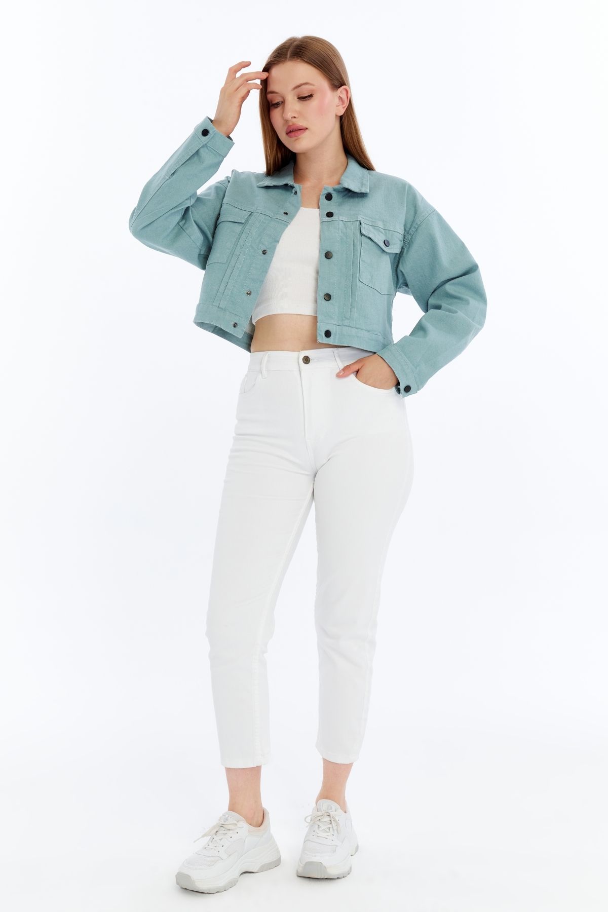 CHOS7N-Women's Bomber Gabardine Jacket Snap Button College Denim Jacket with Pockets Colorful Easy to Match Jacket 7