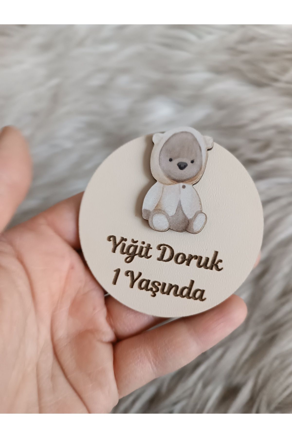Doğrukan Hediyelik Krem kapşonlu ayıcık ahşap yenidoğan doğum günü magnet hediyelik (10 adet)