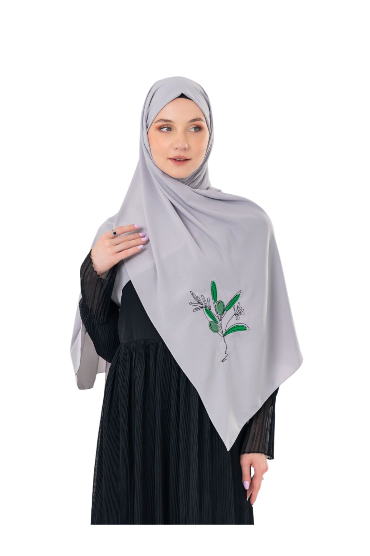 Zaytoon Polyster Gri Rengi Şal Filistin Zaytin Dalı Renkli Nakışlı S100037