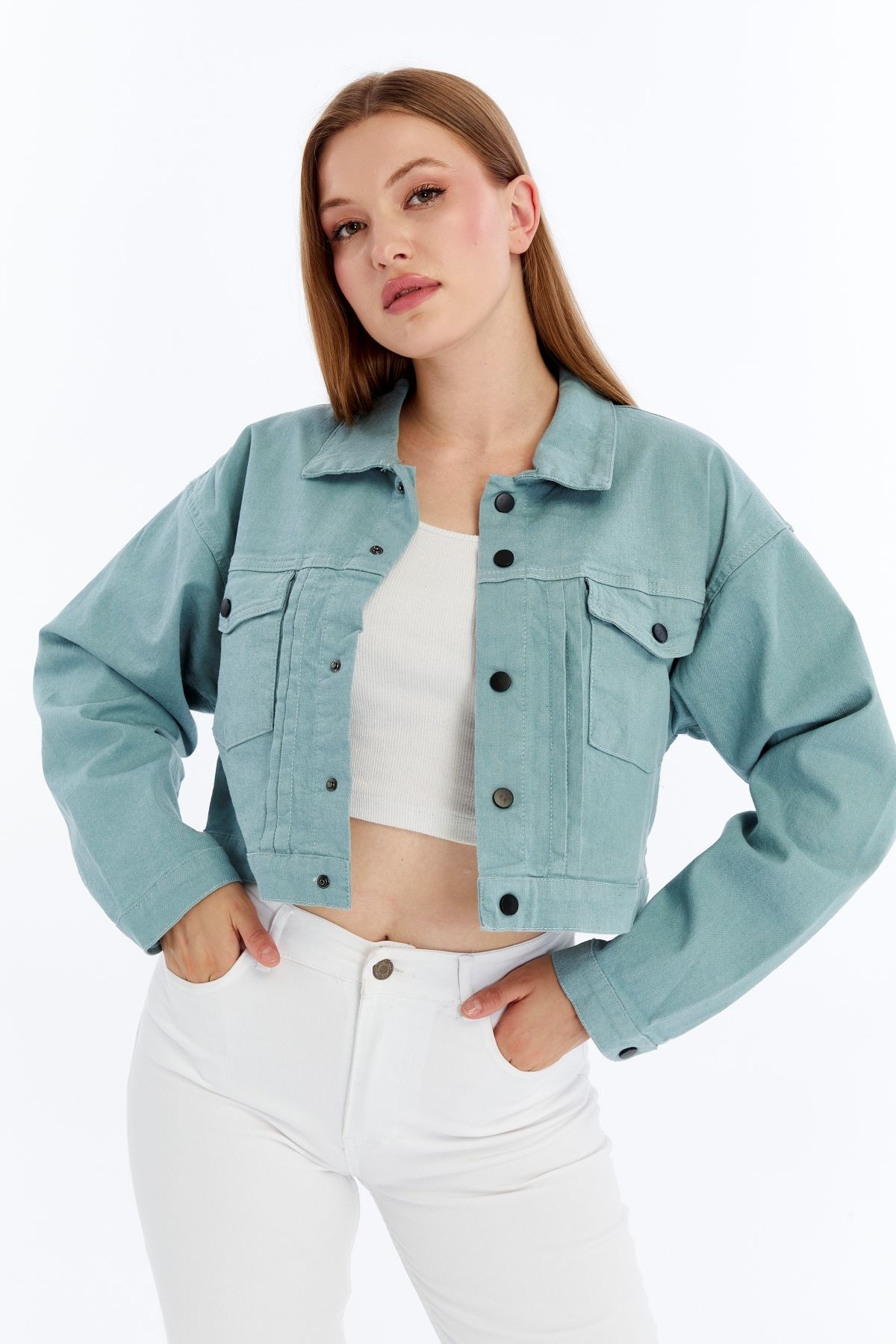 CHOS7N-Women's Bomber Gabardine Jacket Snap Button College Denim Jacket with Pockets Colorful Easy to Match Jacket 2