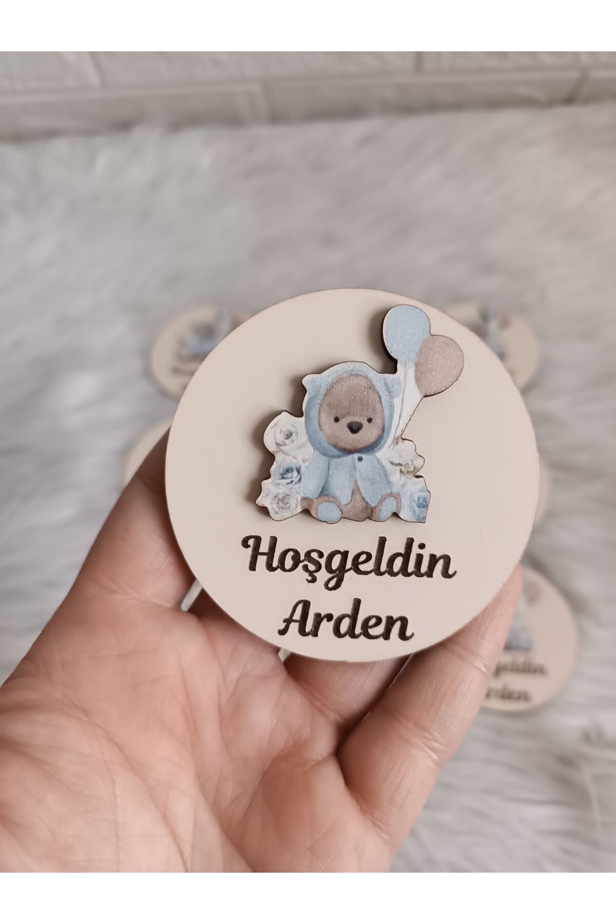 Doğrukan Hediyelik Mavi çiçekli balonlu ayıcık figürlü ahşap yenidoğan doğum günü mevlüt hediyelik (10 adet)
