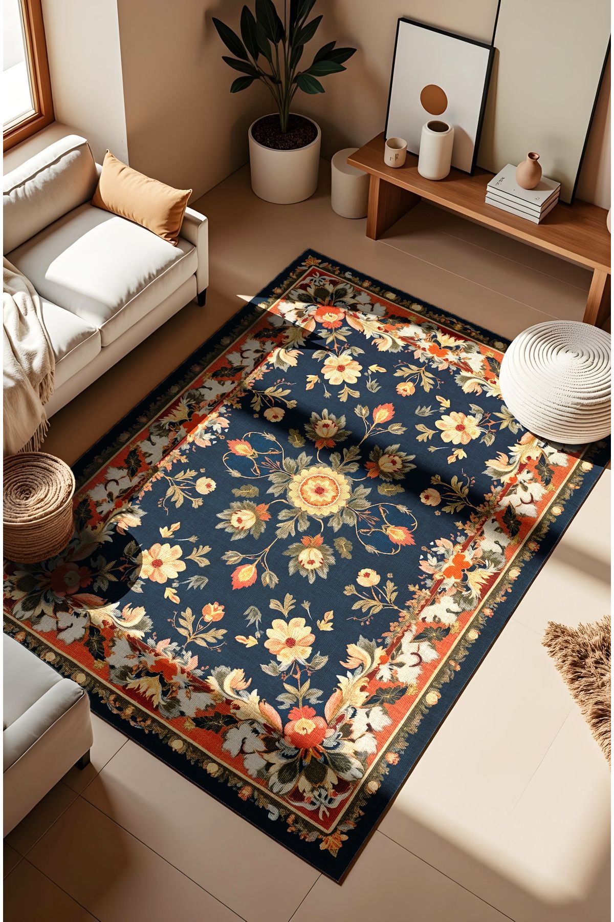 CANİLA MODERN RENKLİ ÇİÇEK DESENLİ DOKUMA TABANLI DİJİTAL RENKLENDİRİLMİŞ LÜKS HALI.