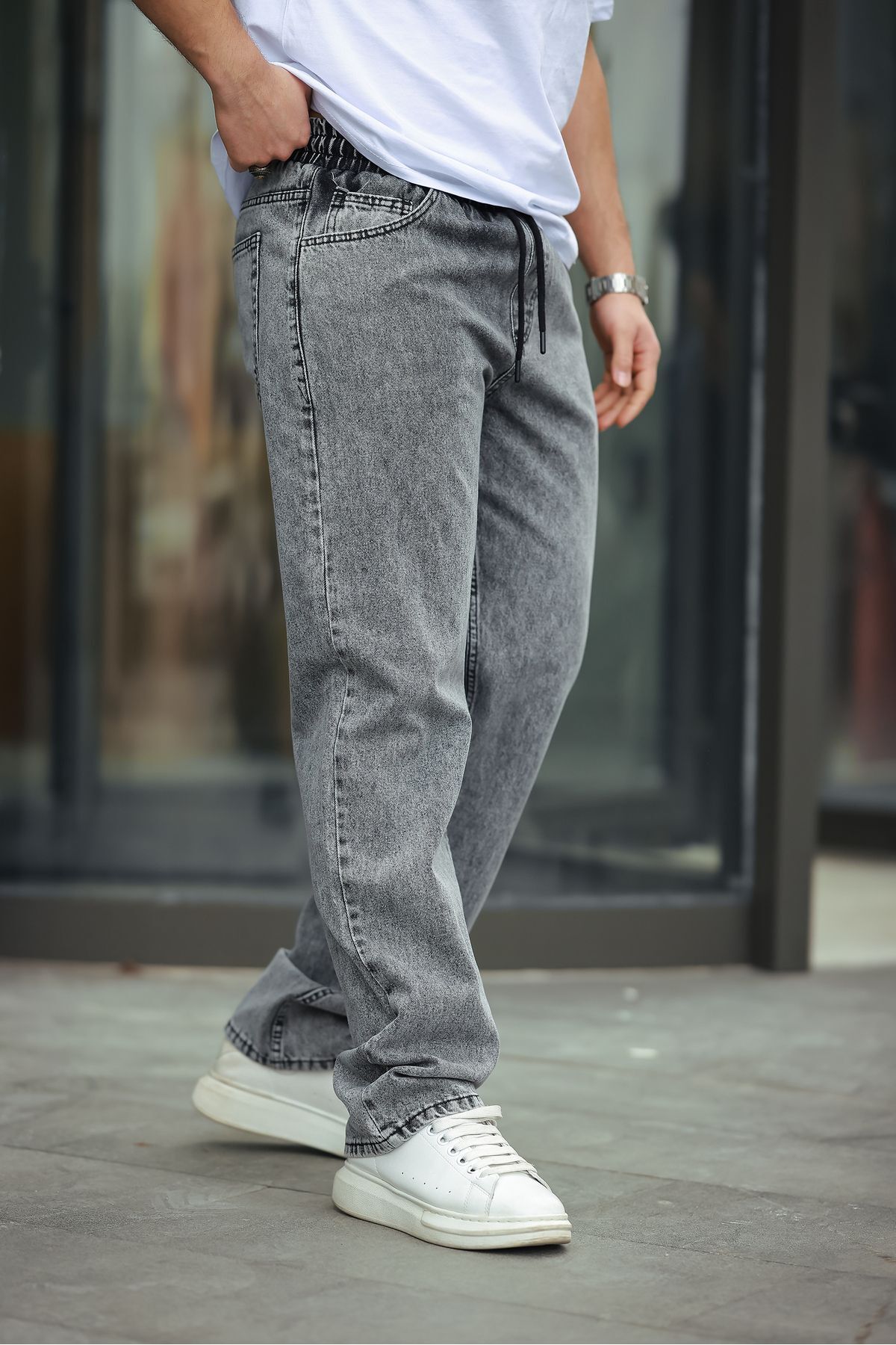 comstar Men's Elastic Waist Wide Leg Smoked Baggy Fit Trousers