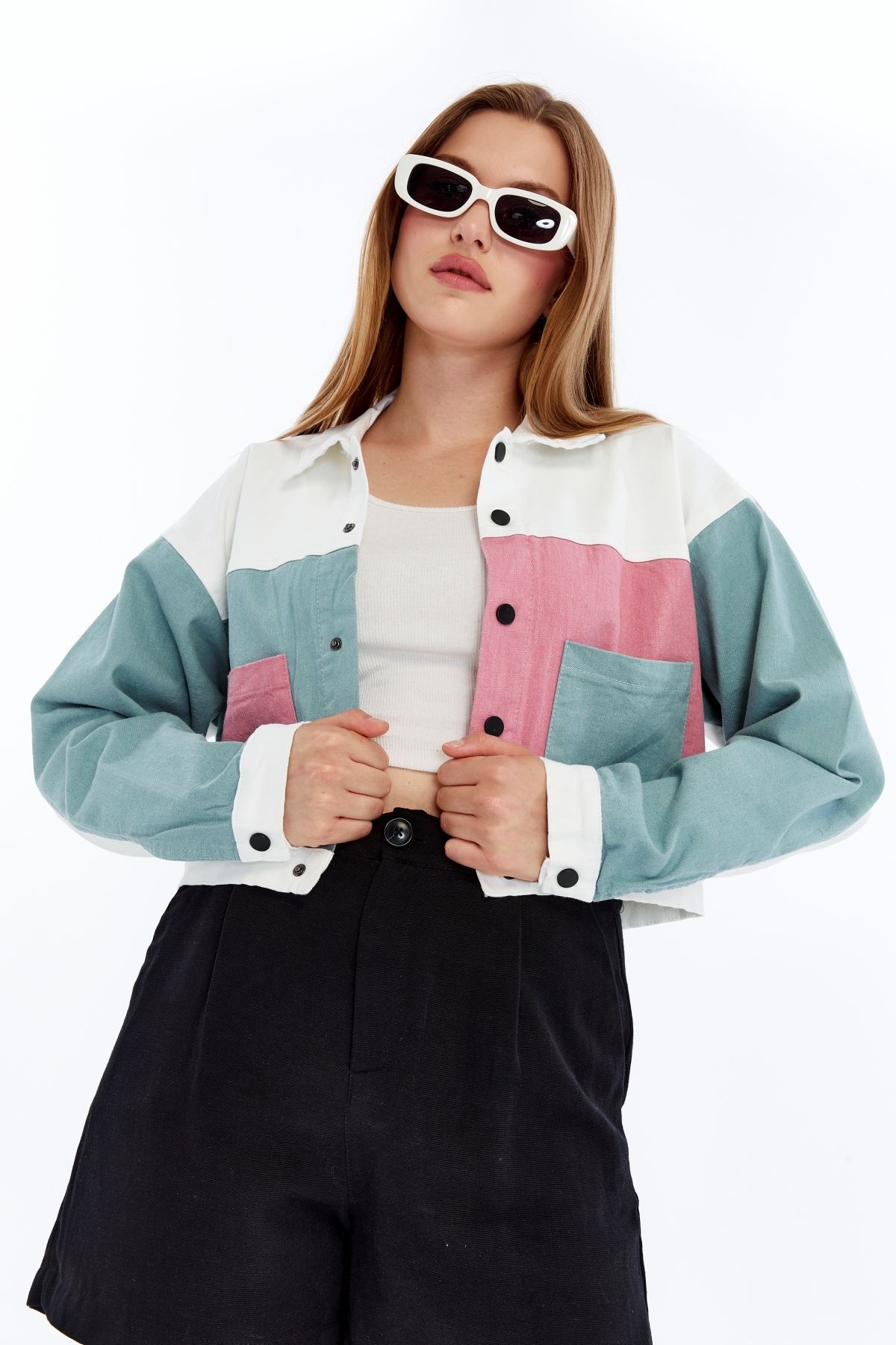 CHOS7N-Women's Bomber Gabardine Jacket Snap Button College Denim Jacket with Pockets Colorful Easy to Match Jacket 5