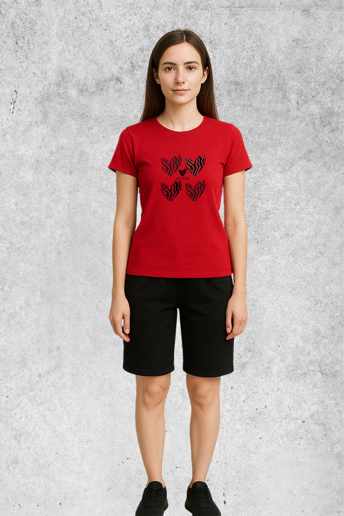 MOLICO Basic unisex sıfır yaka kısa kollu ZEBRA DESENLİ KALP BASKILI TSHİRT