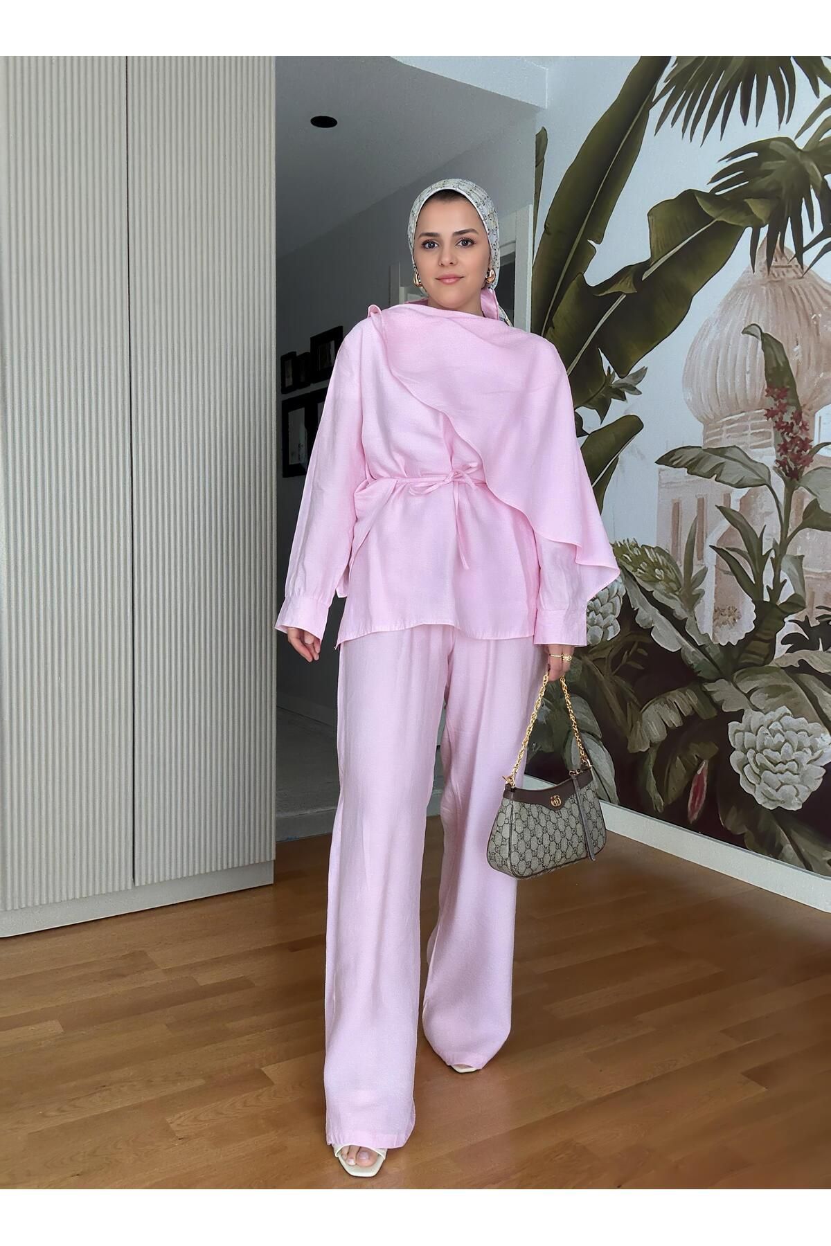 Aselim Hijap Moda Mimoza İkili Takım Efil Efil Yazlık Pembe