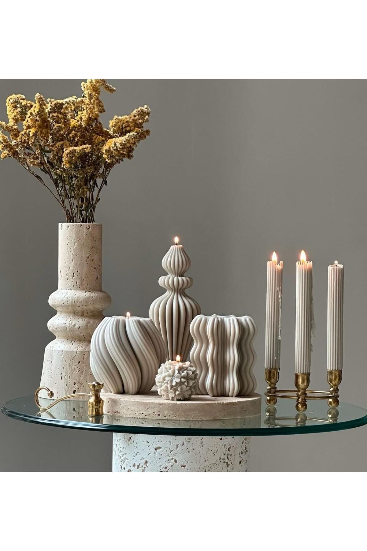 SCA CANDLE Dekoraitf Mum Marako +Dalga+Yuvarlak Dalga+Gül+Çizgili Toplam 7 Parça