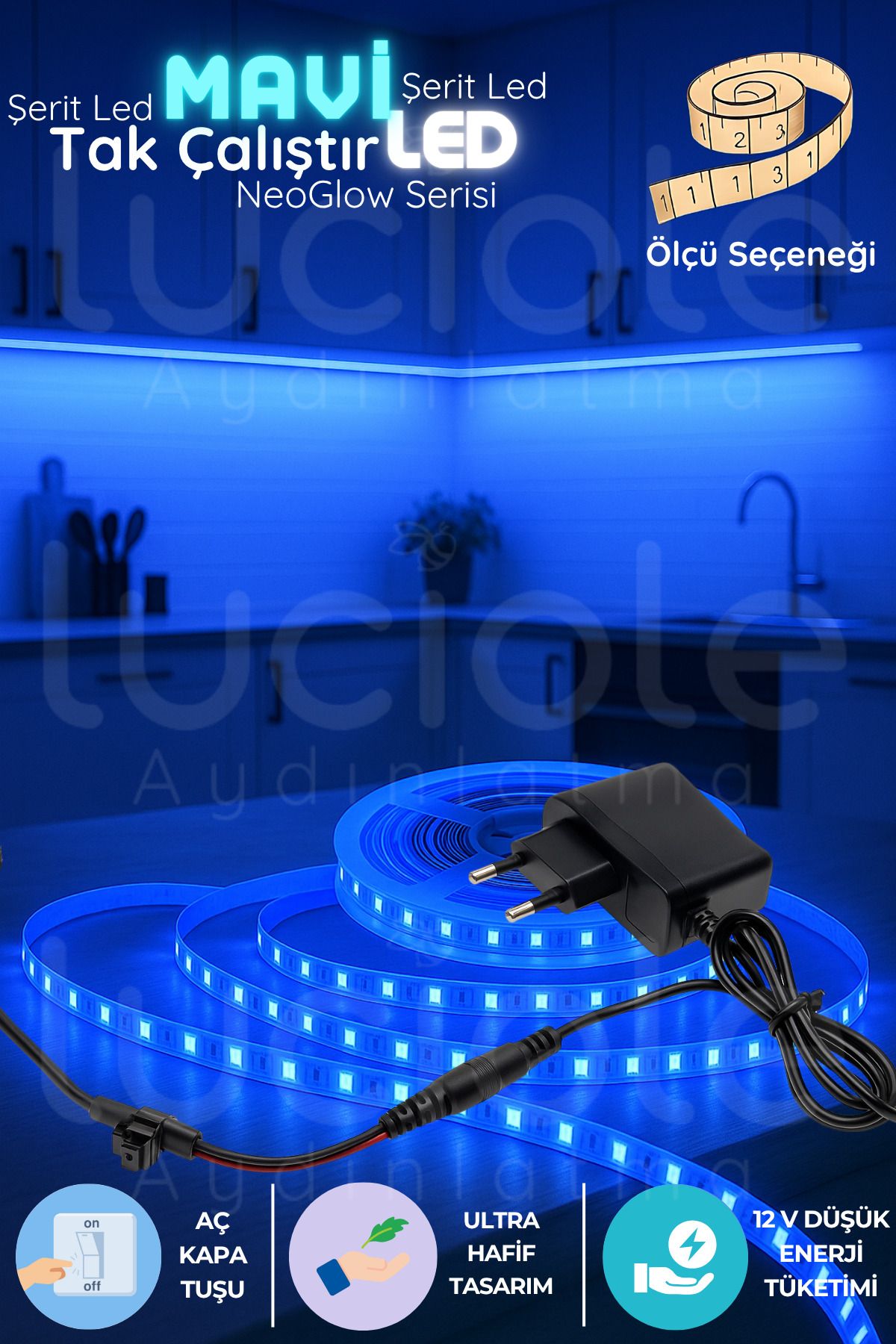 luciole 5 Metre NeoGlow LED Işık Bandı – Fişli Tak Çalıştır Mavi Şerit Aydınlatma 12V 60 Çipli LED Seti