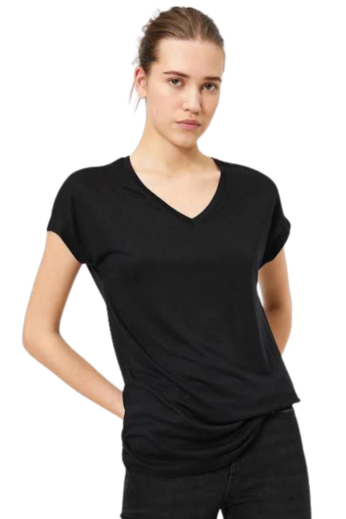 Tam12den Home Kadın V Yaka Basic Pamuklu T-Shirt Siyah