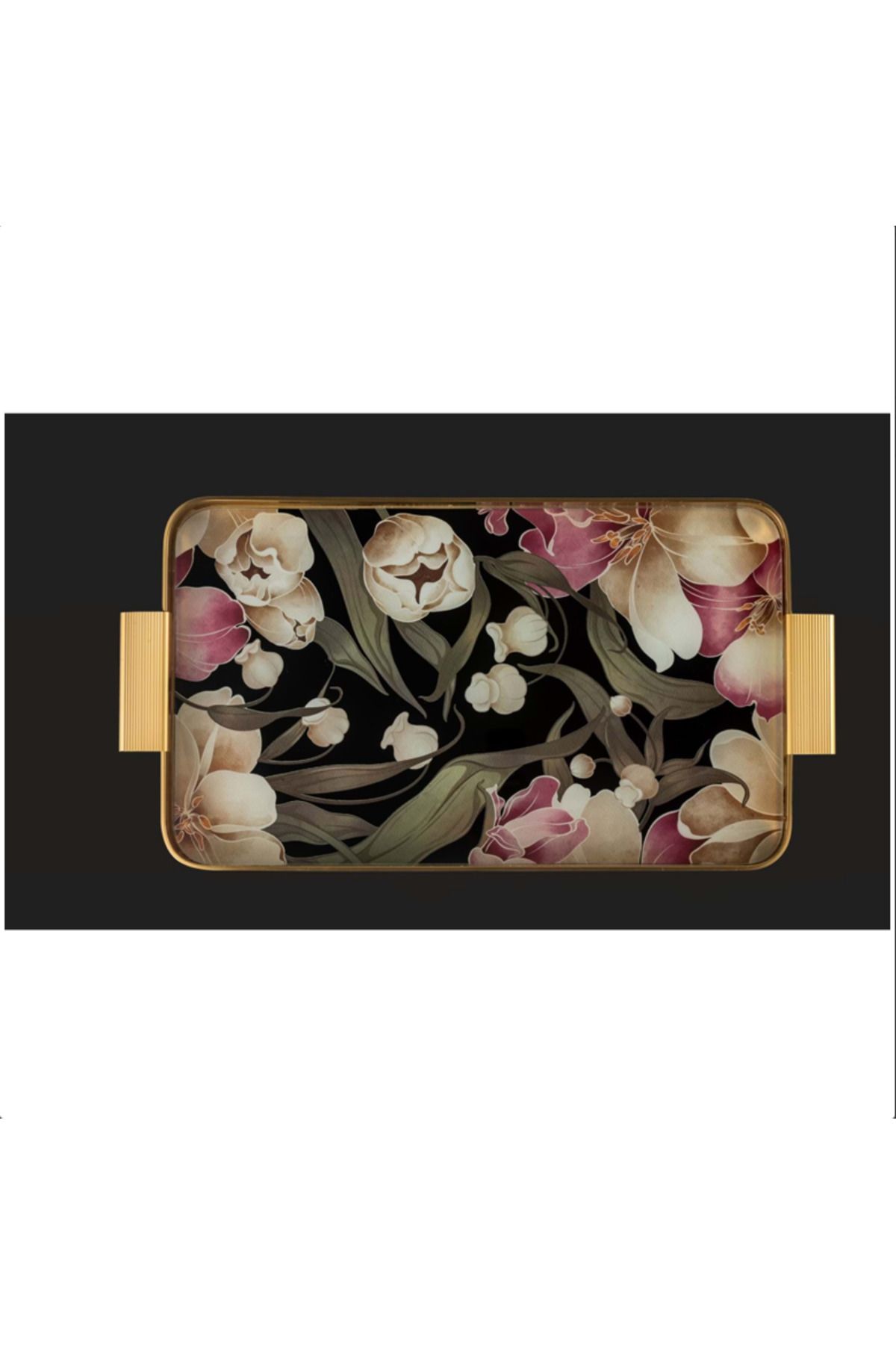 AROW Tepsi Metal Cam Desenli Siyah Pembe 24X40 Cm Gold TR-1203