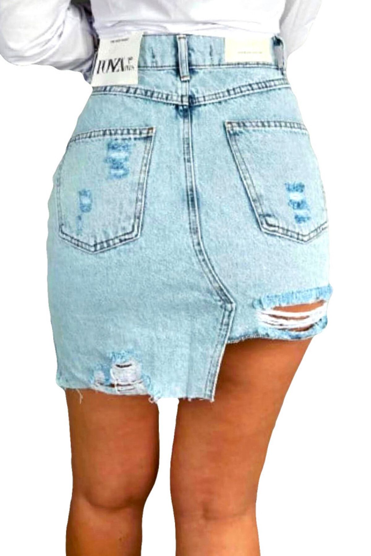 FashionForYou-Fustă scurtă din denim Pathos, cu perforații accentuate și croială asimetrică, albastru-zăpadă, mărime S 4