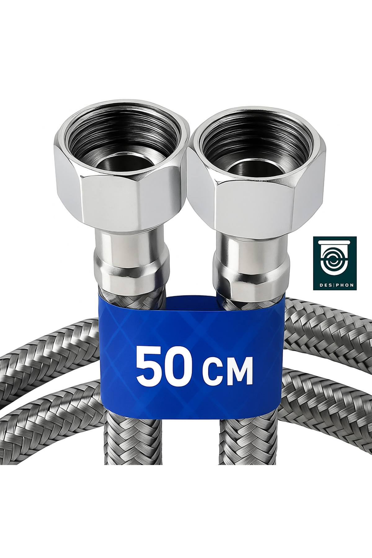 DESIPHON 50 Cm Paslanmaz Çelik Örgülü Flex Hortum – 3/8"x3/8" Klozet & Taharet Musluğu Bağlantı Hortumu
